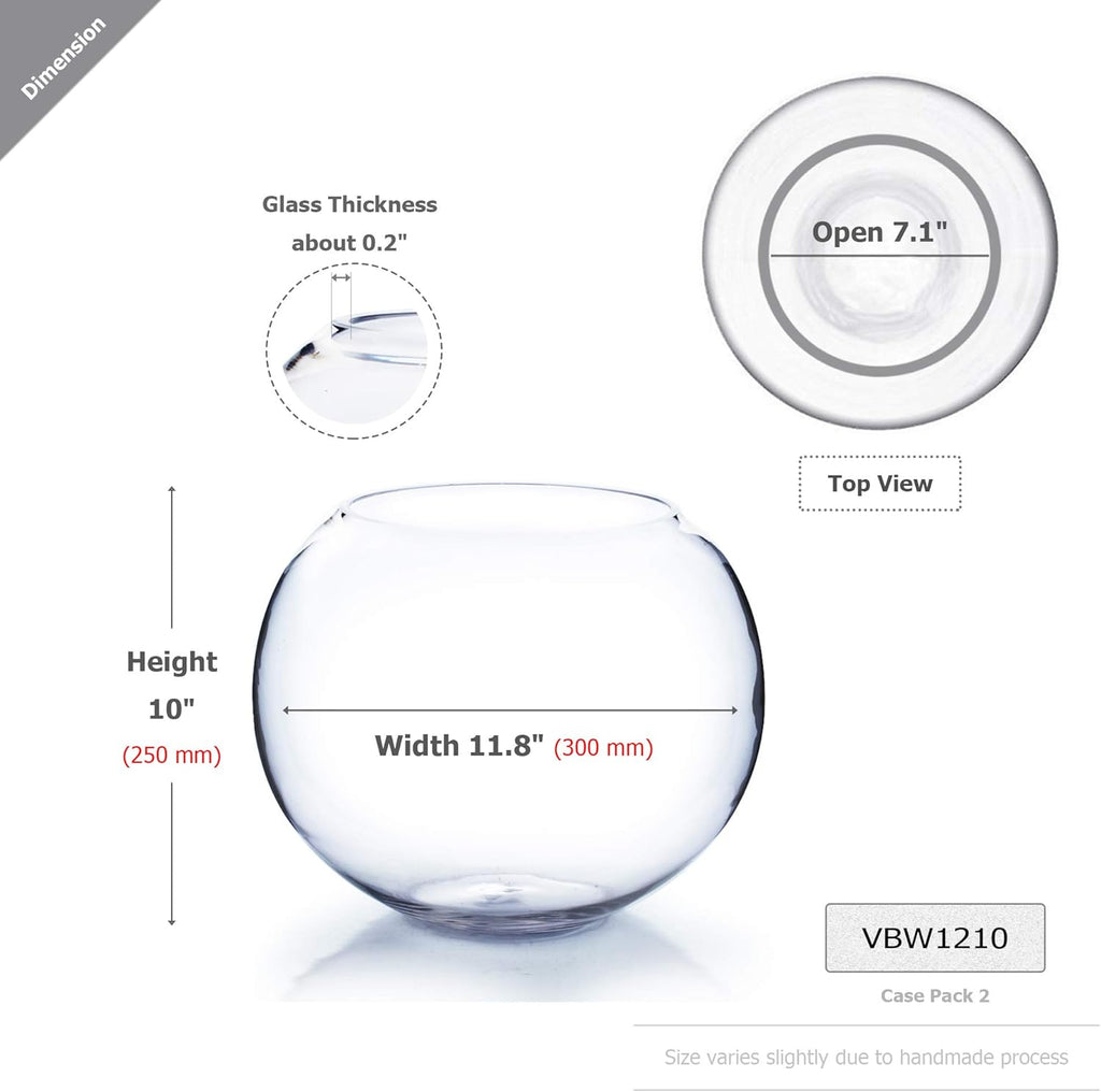 WGV Large Bowl Glass Vase, Diameter 12", Height 10", (Multiple Sizes Choices) Clear Round Bubble Vase Jar, Floral Planter Terrarium for Wedding Event Home Decor, 1 Piece (VBW1210)