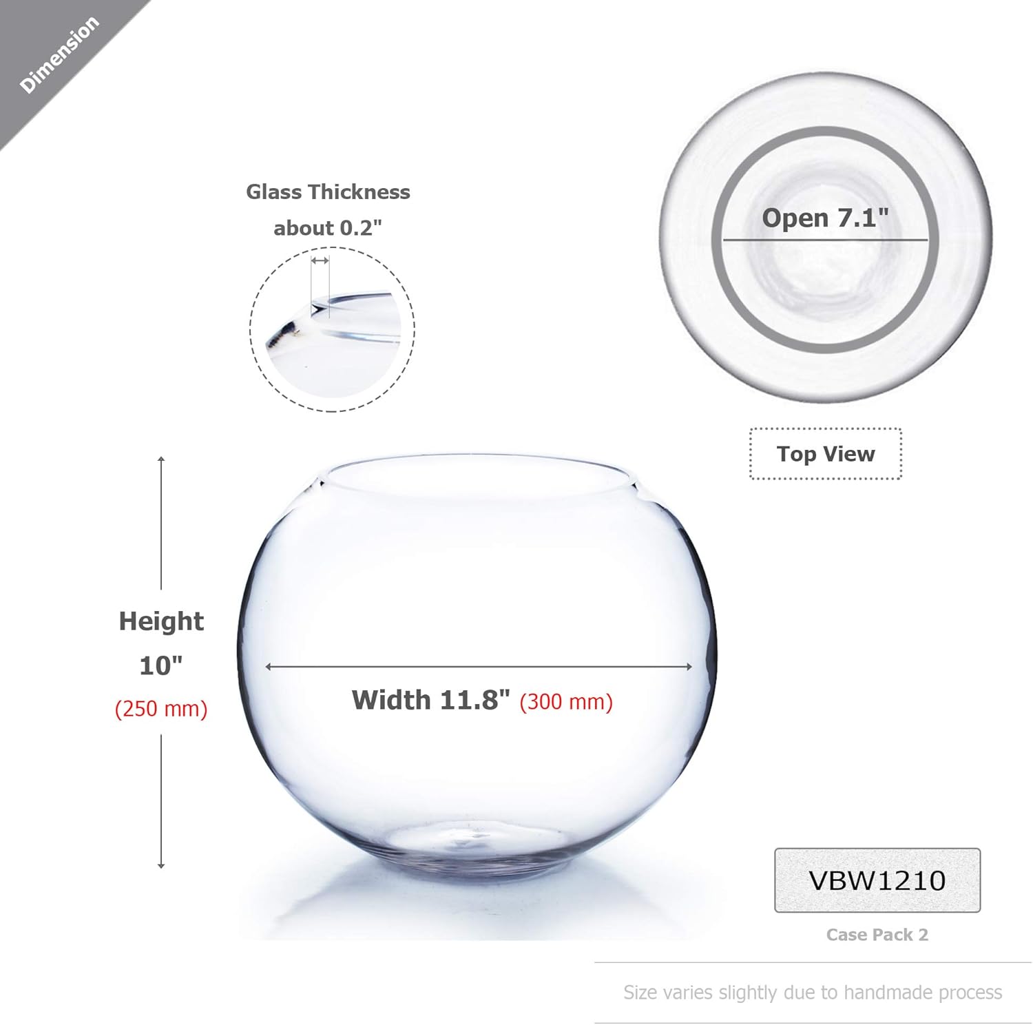 WGV Large Bowl Glass Vase, Diameter 12", Height 10", (Multiple Sizes Choices) Clear Round Bubble Vase Jar, Floral Planter Terrarium for Wedding Event Home Decor, 1 Piece (VBW1210)