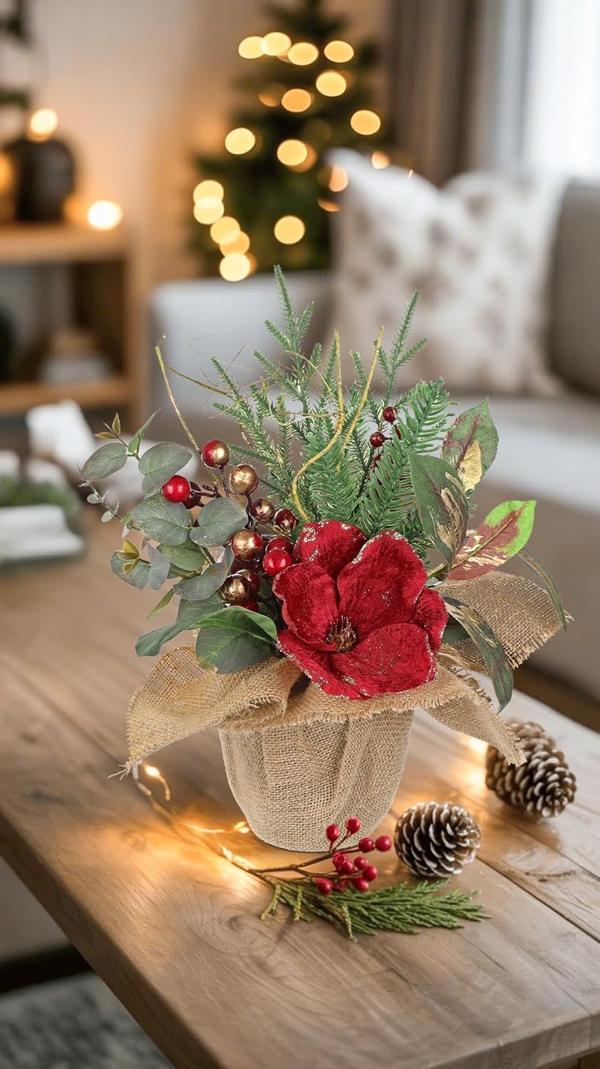 Briful 15.7’’ Premium Artificial Christmas Arrangement with Red Magnolia, Pomegranate & Gold Berries in Burlap Pot, Elegant Holiday Centerpiece for Farmhouse & Modern Christmas Décor