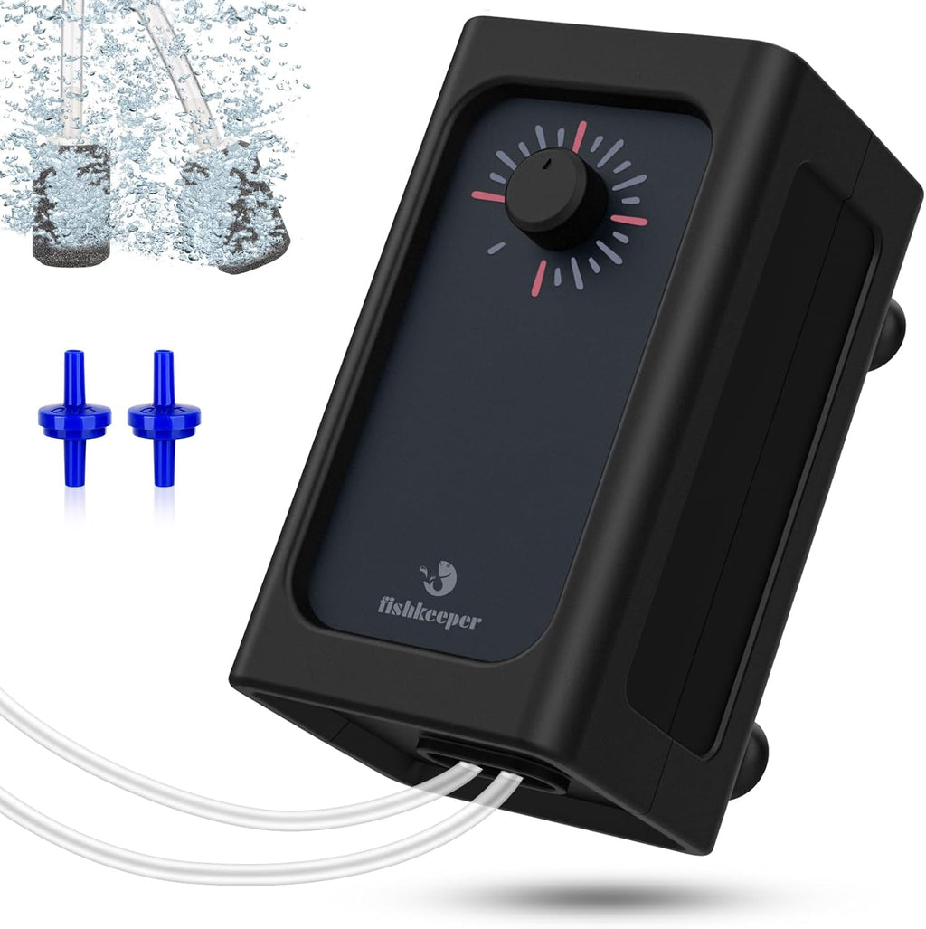 Fishkeeper Aquarium Air Pump, Quiet Powerful Fish Tank Air Pump, 6W/10W Adjustable Oxygen Pump, Metal Dual Outlets Aerator with Air Stone Bubbler for Fish Tank up to 200 Gallon 10W