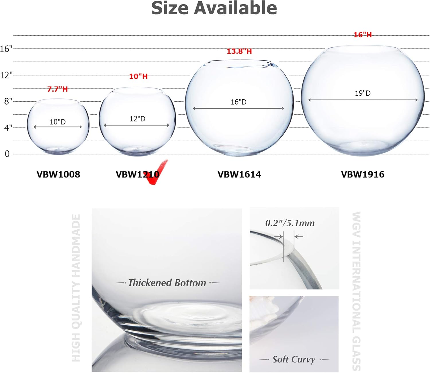 WGV Large Bowl Glass Vase, Diameter 12", Height 10", (Multiple Sizes Choices) Clear Round Bubble Vase Jar, Floral Planter Terrarium for Wedding Event Home Decor, 1 Piece (VBW1210)