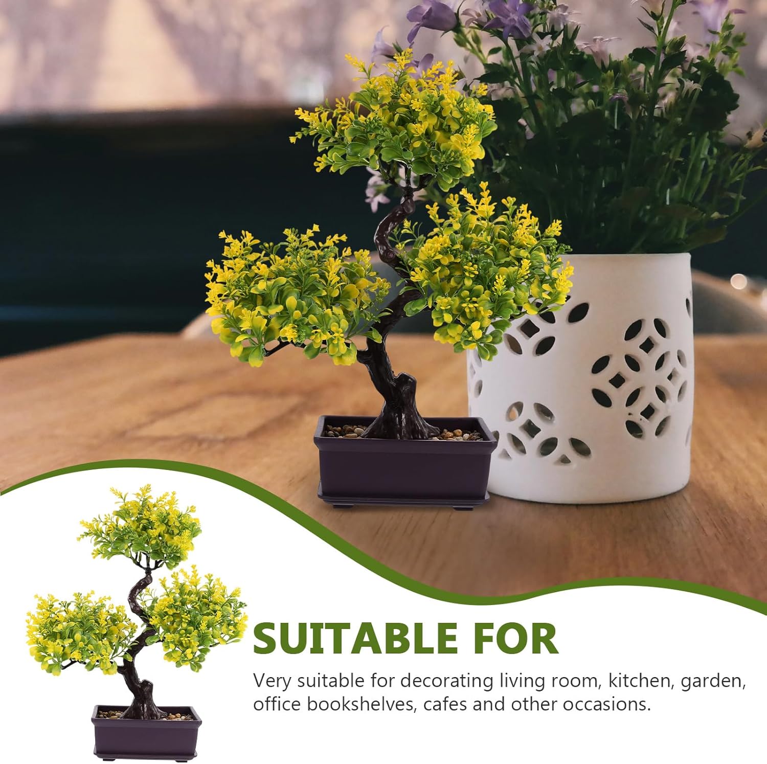 Cabilock Artificial Bonsai Tree, Fake Potted Bonsai Plants Decoration, Simulation Faux Plants Decor, Desktop Realistic Welcoming Pine Ornament for Home Office Entryway Chests Decor, Yellow