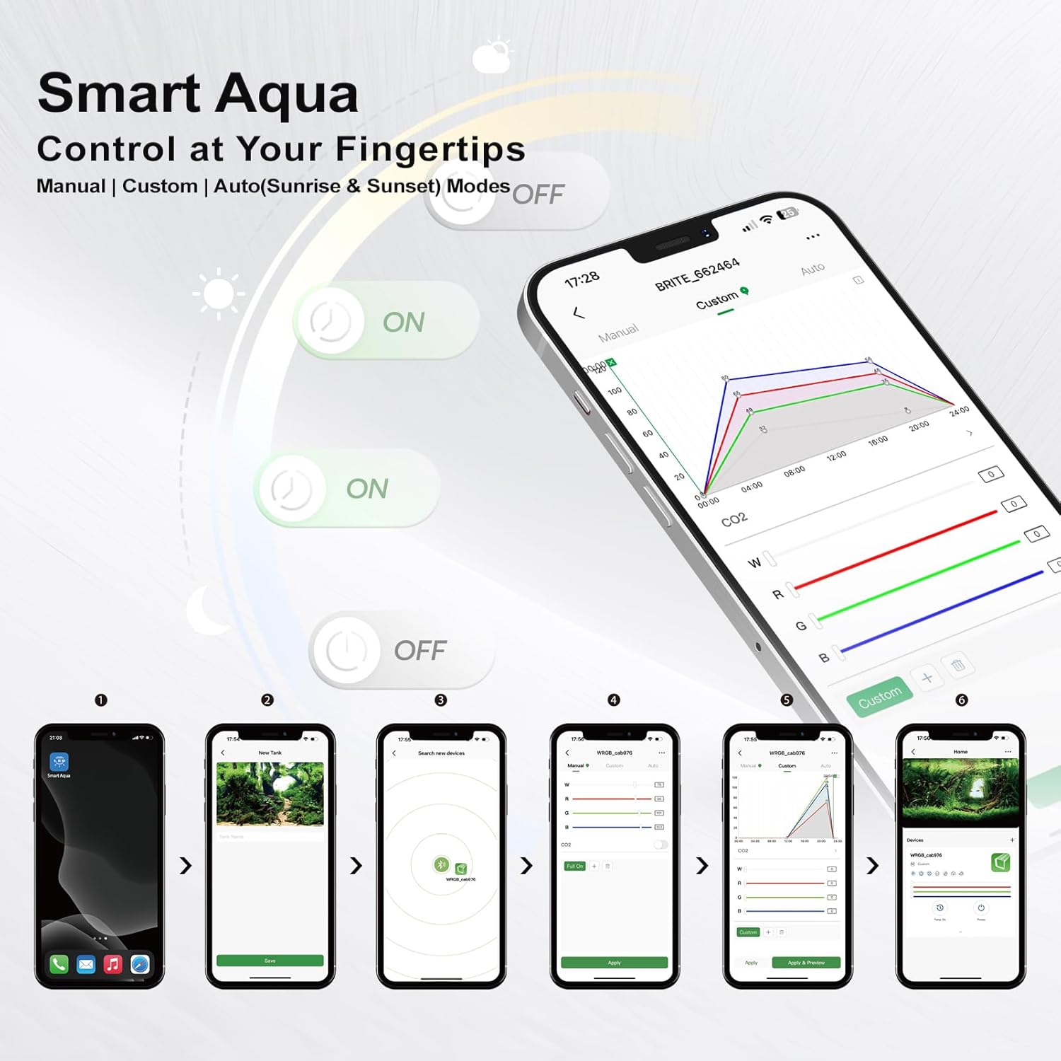 MagTool Brite Series Auto Aquarium LED Light with App-Controlled RGB+W LEDs, ADA Style Extendable Bracket, Supports Custom Sunrise/Sunset Colors in Manual/Auto/Custom Modes (Brite 90)