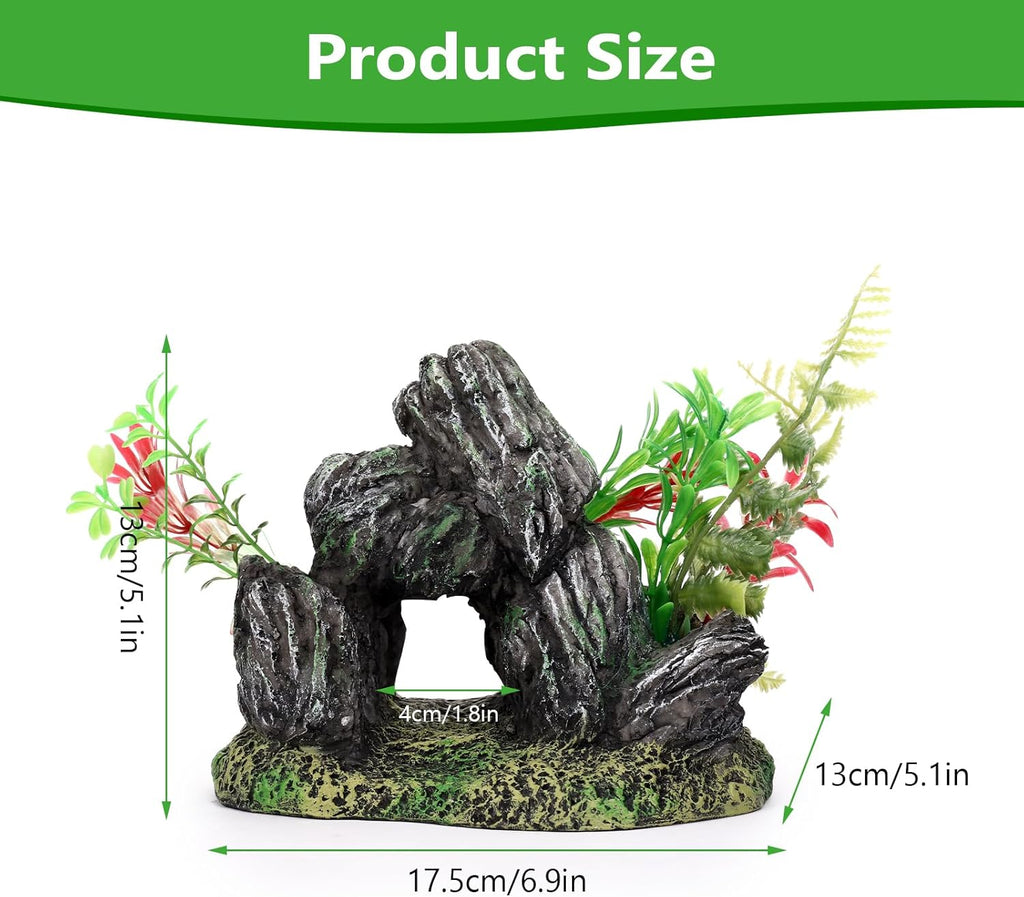 Stone with Plants Aquarium Decoration Resin-Artificial Rock & Greenery Ornament with Large Swim-Through Holes-Approx. 6.9" L x 5.1" W x 5.1" H(Stone&Plants)
