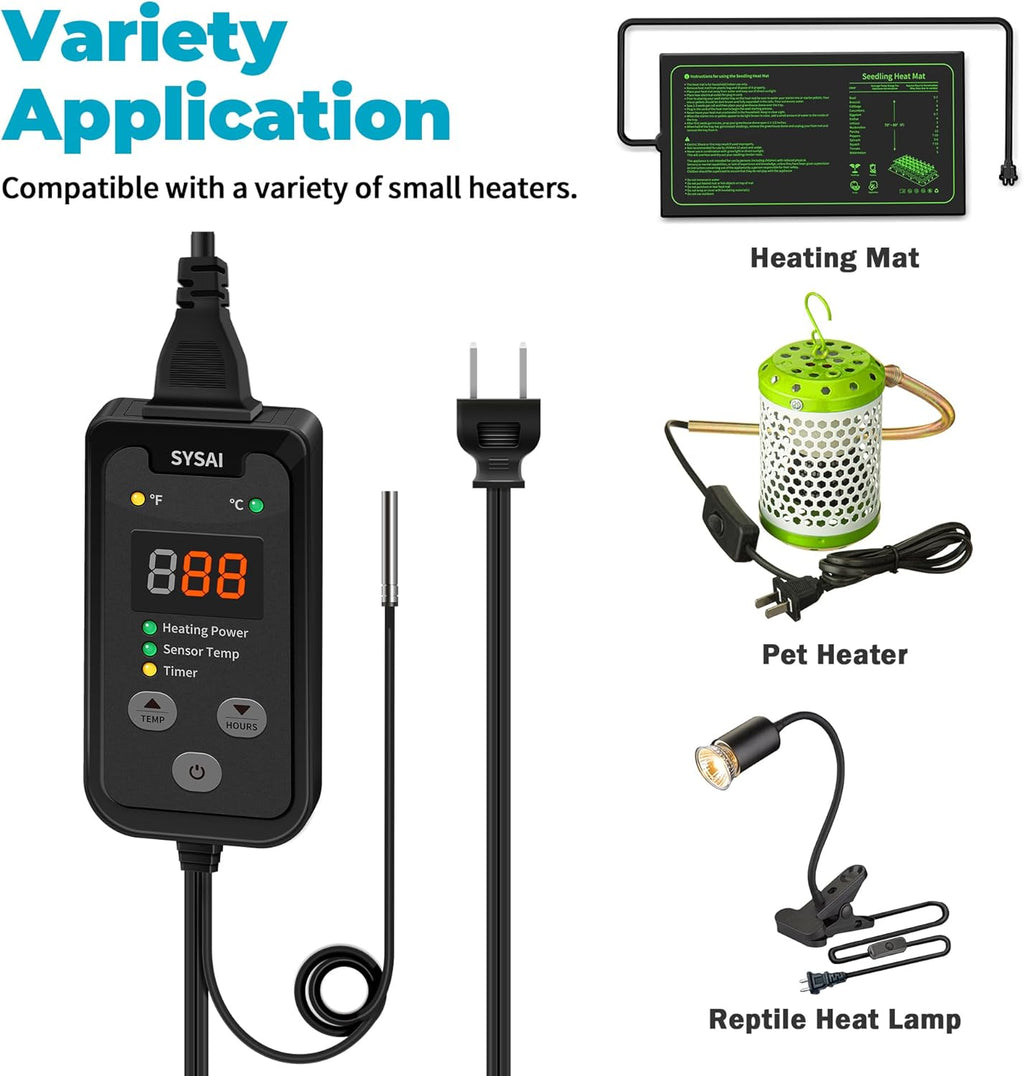 SYSAI Temperature Controller for Reptile Tank, Heat Mat, Seed Germination, Greenhouse, Brooder, Home Brewing, 100W-1A, Digital Thermostat, °F/°C Display, 60-94°F