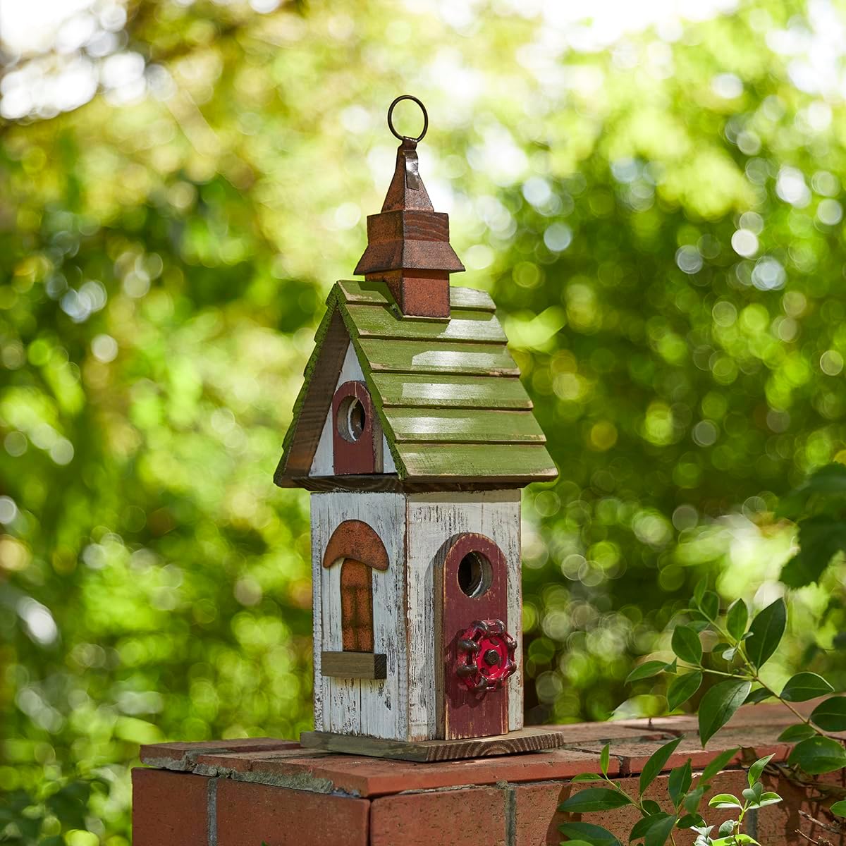 Glitzhome Bird Houses for Outside, Bluebird Houses for Outdoors,15.75"H Solid Wood Birdhouse Distressed Cottage Decorative Hanging Outdoor Garden Bird House for Wren Sparrow Hummingbird Finch Cardinal