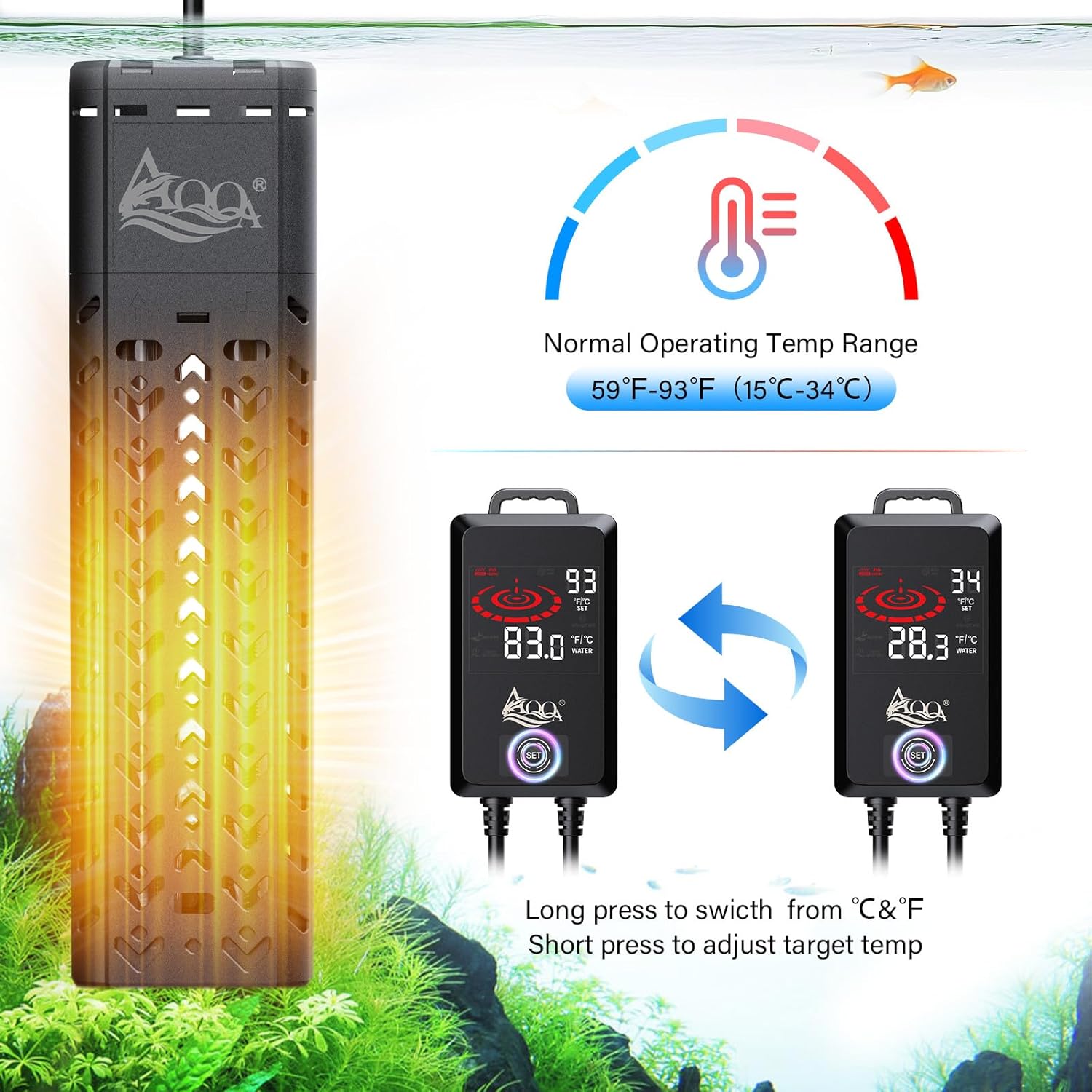 AQQA Fish Tank Heater 1000W for Aquarium 135-258 Gallon Quartz Glass Betta Fish Submersible Heater Thermostat with Intelligent Controller for Freshwater and Saltwater (AQ197-1000W for 135-258Gal)