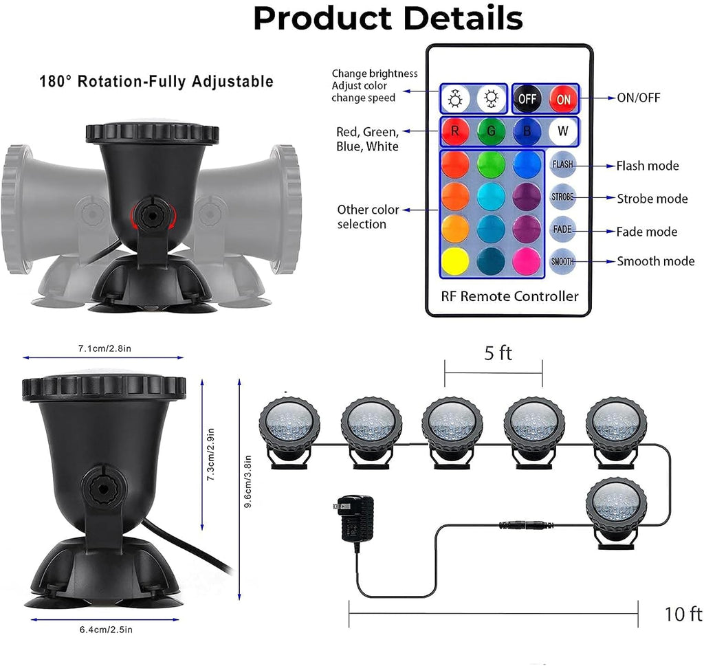 Pond Lights, RGB Color Changing Underwater Halloween Spotlight, Dimmable IP68 Waterproof Submersible Fountain Lights Outdoor Landscape Spot Light (6 in Set)