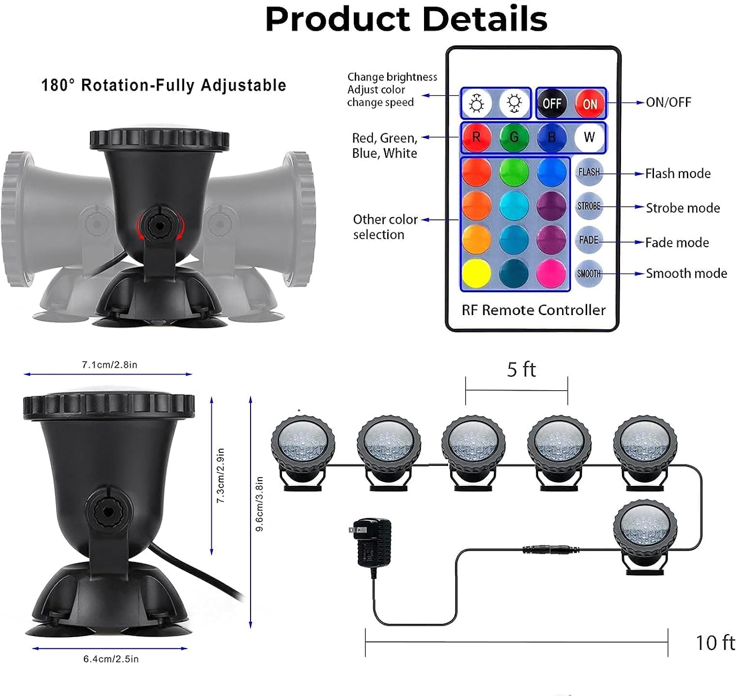 Pond Lights, RGB Color Changing Underwater Halloween Spotlight, Dimmable IP68 Waterproof Submersible Fountain Lights Outdoor Landscape Spot Light (6 in Set)