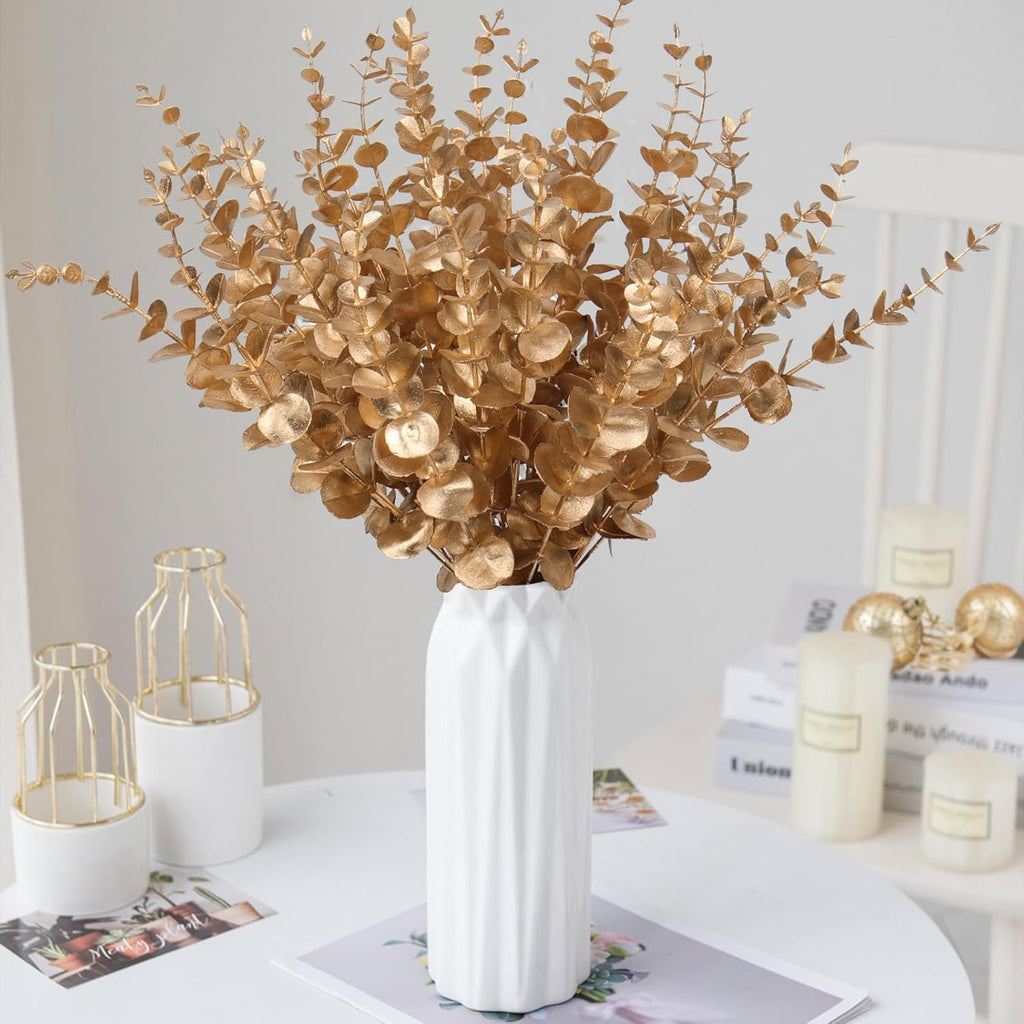 RECUTMS 36 Pcs Gold Eucalyptus Leaves Stems 15 inch Artificial Leaf Branches for Autumn Fall Wedding Centerpiece Flower Bouquet Christmas Picks Floral Arrangemen Office Home Table Decor