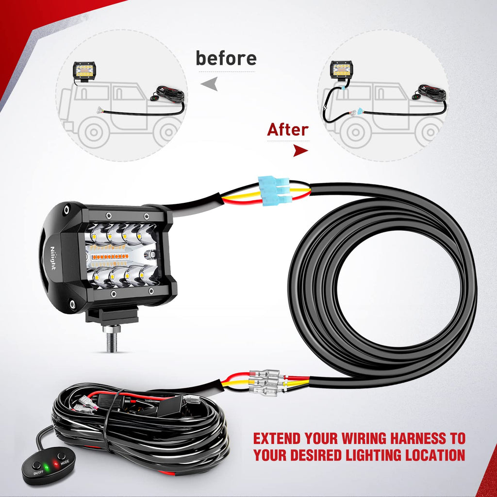 Nilight 2PCS 16AWG 10Feet Wiring Harness Extension for 6Modes Amber White Light Bar Strobe Play and Plug 3-Wires, 2 Years Warranty,Black
