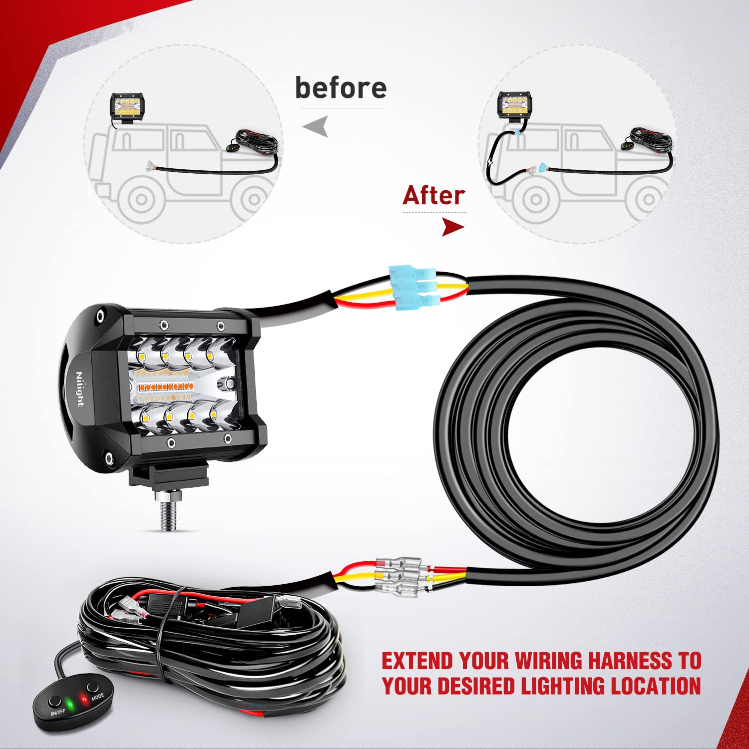 Nilight 2PCS 16AWG 10Feet Wiring Harness Extension for 6Modes Amber White Light Bar Strobe Play and Plug 3-Wires, 2 Years Warranty,Black