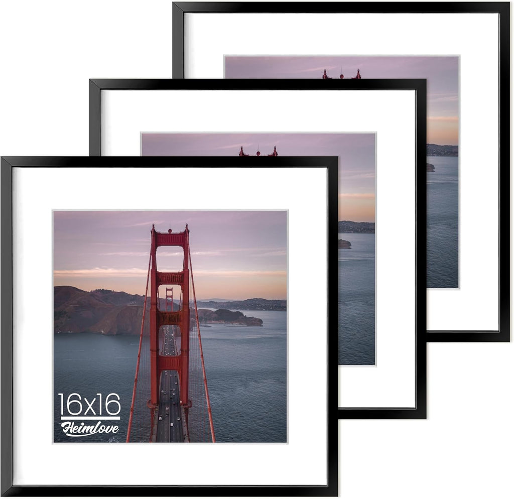 Heimlove 16x16 inch Square Picture Frame, 16x16 Aluminum Photo Frame, Standard Square Versatile Wall Display Poster Frames, Frames For 12x12 with Mat, Wall Hook Included - (Set of 3 - Black)