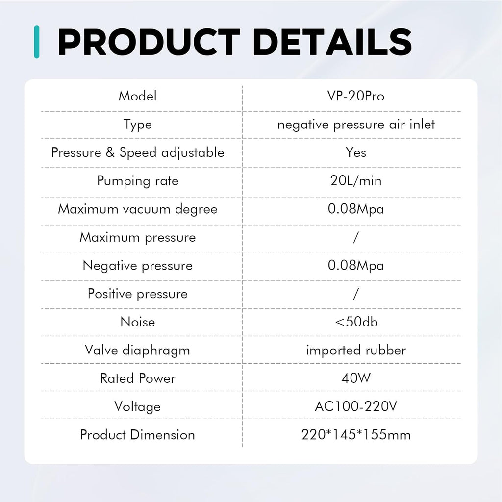 LAB FISH Adjustable Pressure Vacuum Pump 20L/min Portable Oilless Diaphragm Vacuum Filtration W/Rubber Tube Negative Pressure,110V-220V