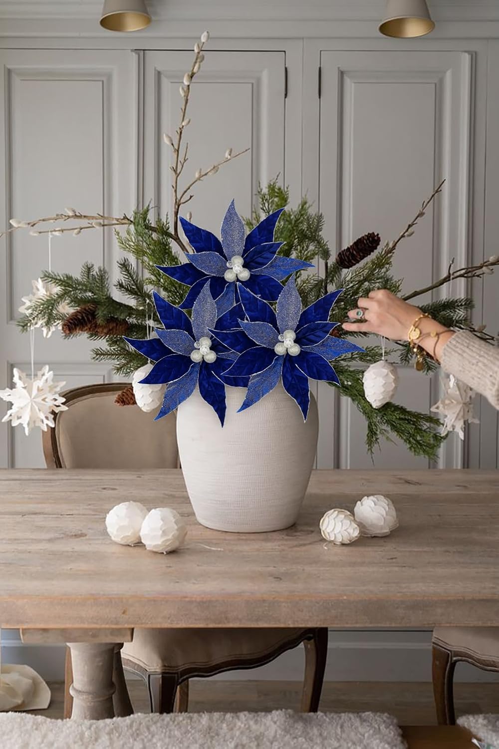 Hollyone 3PCS Poinsettia Christmas Flowers Artificial 11" Large Velvet Blue Glitter Poinsettia Flowers Christmas Tree Ornaments Floral Picks for Tree Wreath Garland Vase Table Centerpiece Home Decor