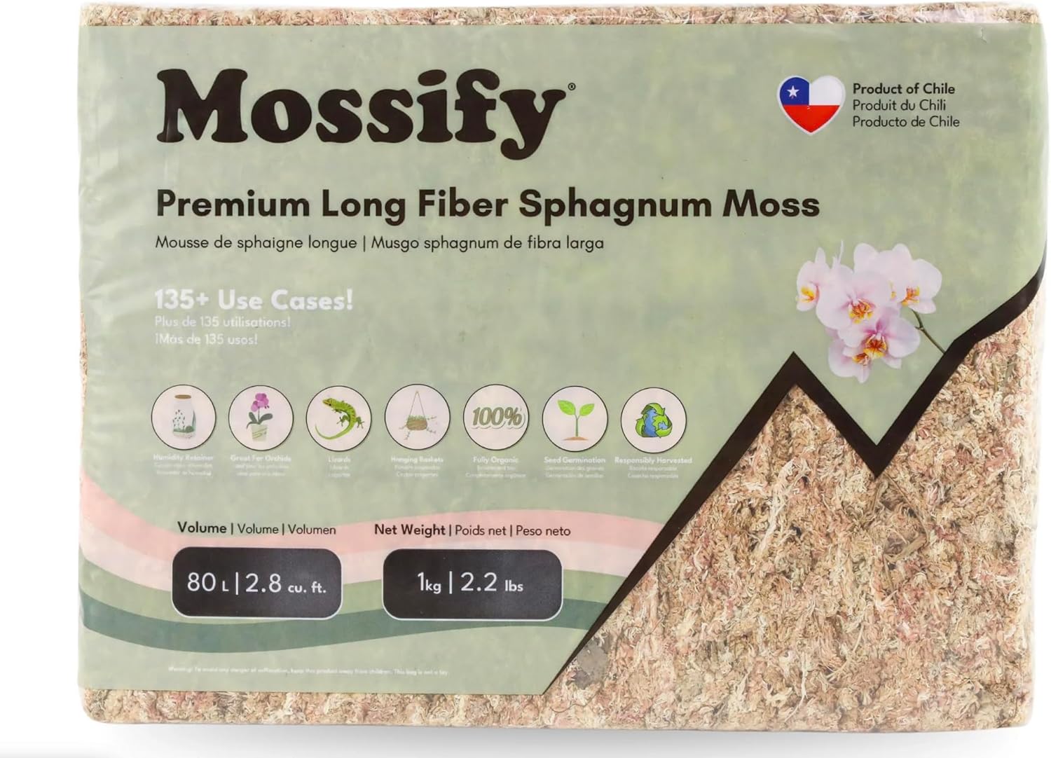 Mossify Premium Sphagnum Moss for Plants 1kg, 2.2 lbs - Long Fiber Moss for Plants Indoor, Orchids, Terrariums, Gardening, Reptiles – Moisture Plant Moss for Propagation, Soil & Habitat Bedding