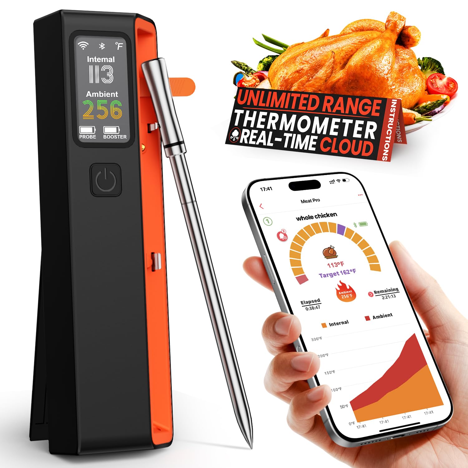 Wireless Bluetooth Smart Meat Thermometer: ±0.5°F Accuracy, 1 Probe with 6 Sensors - WiFi Digital Thermometer with LED Base, NIST Certified Accuracy, Long-Range for BBQ, Grill, Smoker, Oven