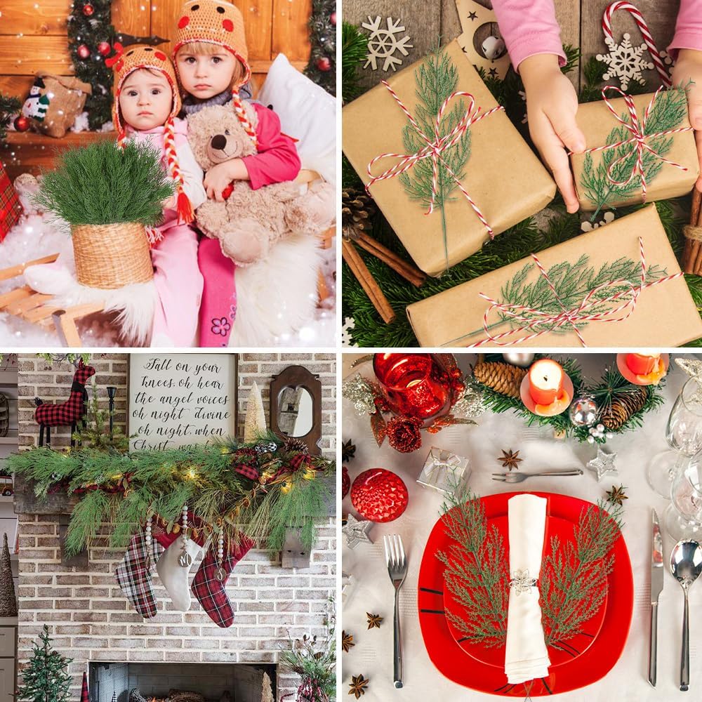 50 PCS Artificial Pine Branches Christmas Faux Pine Greenery Stems Fake Cedar Pine Needles Picks for Christmas Tree Wreath Garland DIY Crafts Holiday Home Decoration