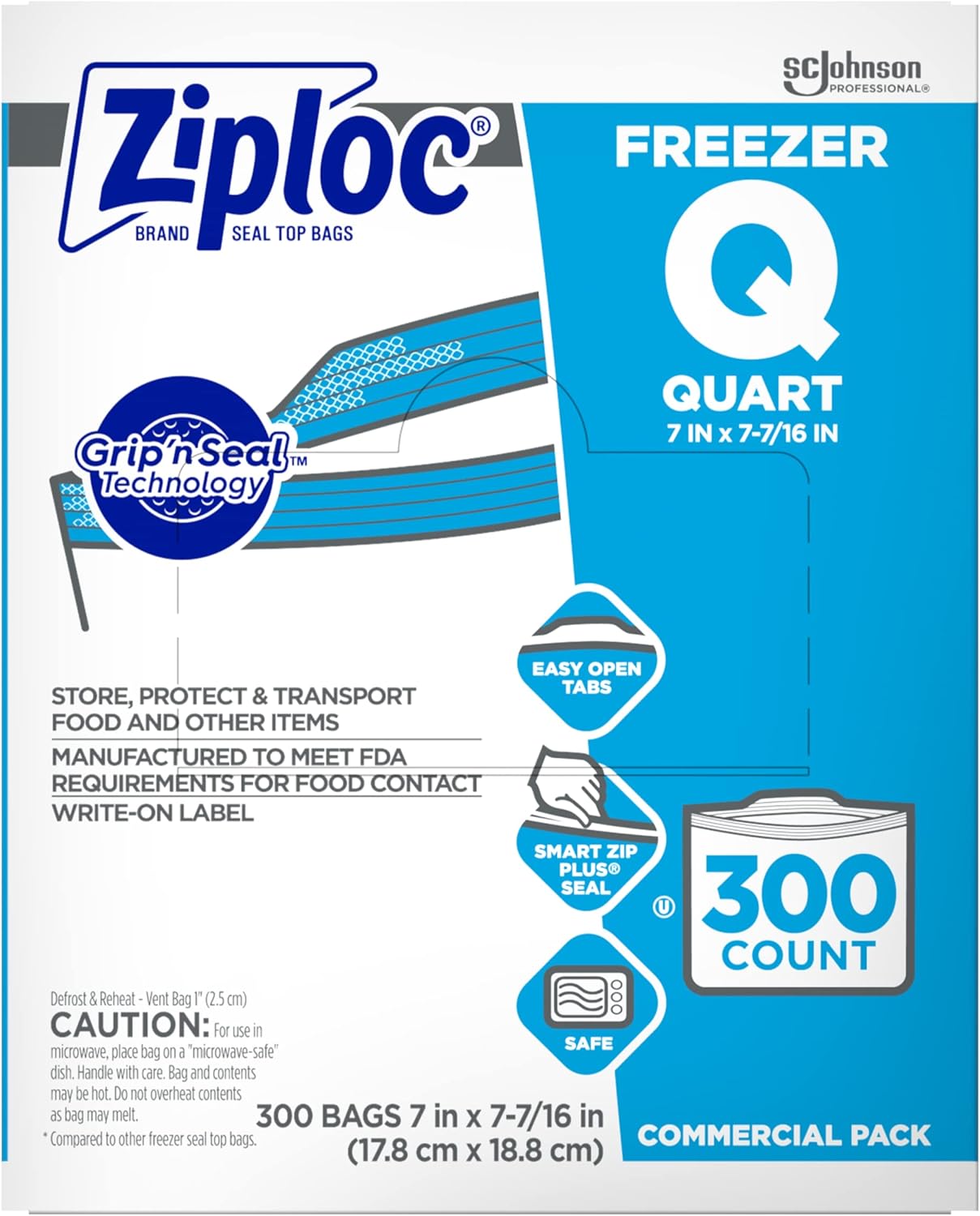 SC Johnson Professional Ziploc Quart Food Storage Freezer Bags, Grip 'n Seal Technology for Easier Grip, Open, and Close, 300 Count