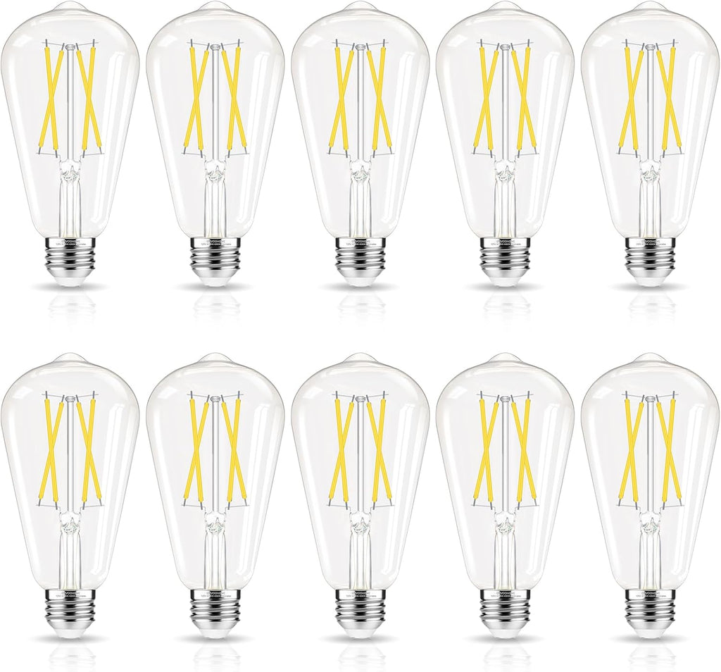 LED Edison Bulbs Dimmable, E26 Bulb 60 watt Equivalent, Cool White 4000K, ST58 Vintage Light Bulbs, 90+ CRI, 6W 600LM, E26 Medium Base, Clear Glass, 10 Pack