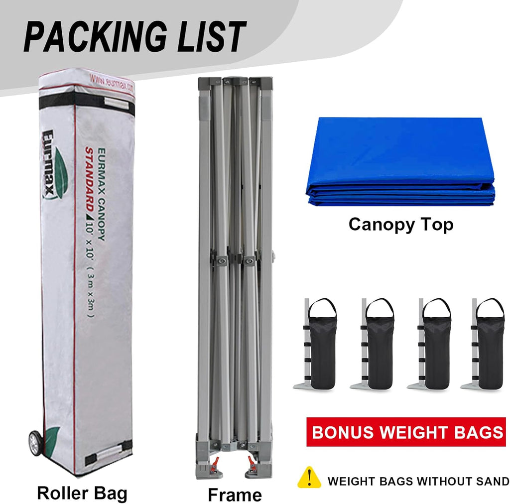 Eurmax USA Standard 10x10ft Patio Pop Up Canopy Tent for Outdoor Events Commercial Instant Canopies with Heavy Duty Roller Bag,Bonus 4 Canopy Sand Bags (Blue)