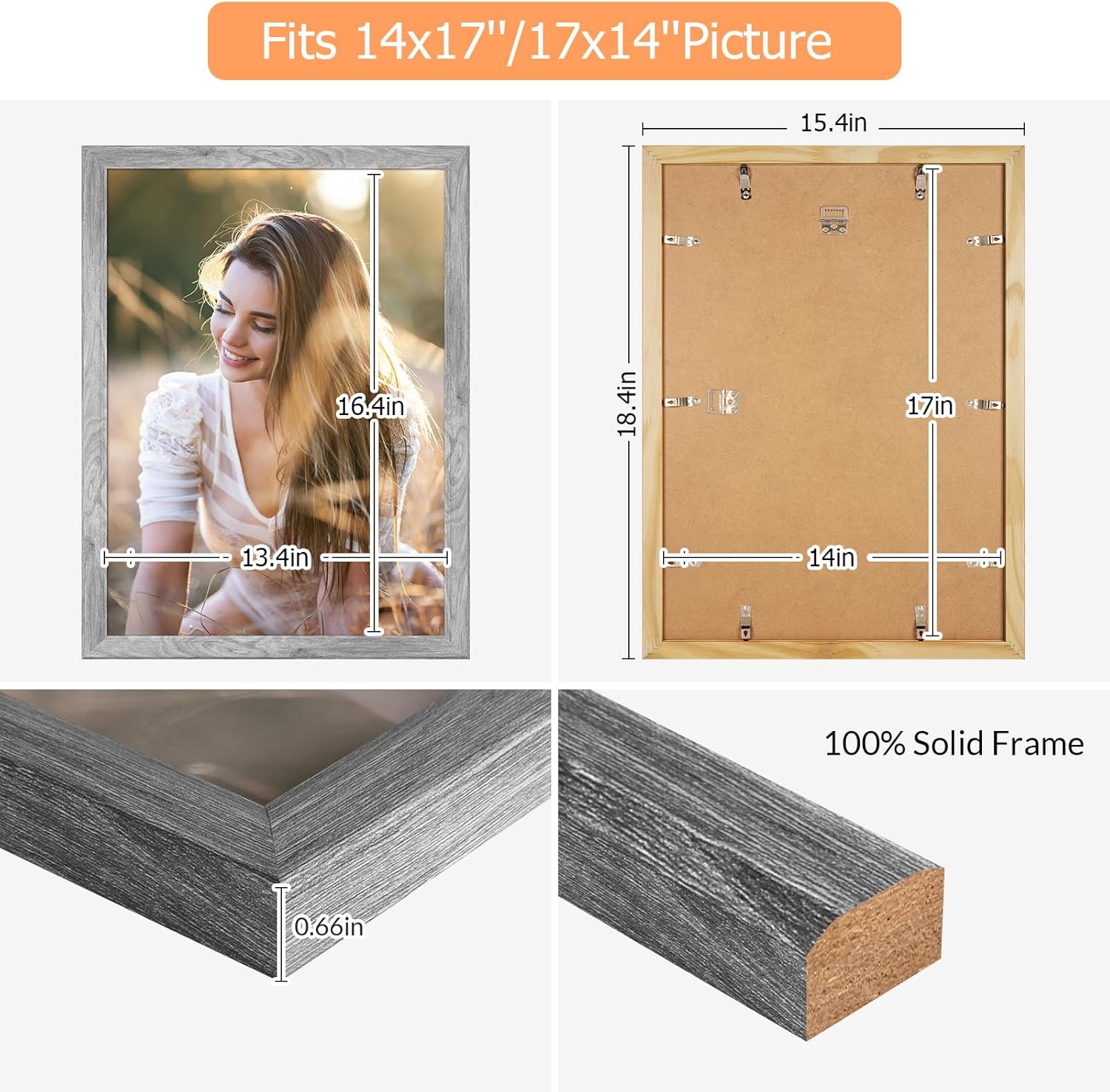 14x17 Wood Frame Gray, Rustic Natural Grey Wooden 17x14in Poster Picture Frame, Distressed 14 x 17inch Woodgrain Gallery Photo Frame with HD Plexiglass, Horizontal Vertical Wall Mounting Display 1pcs