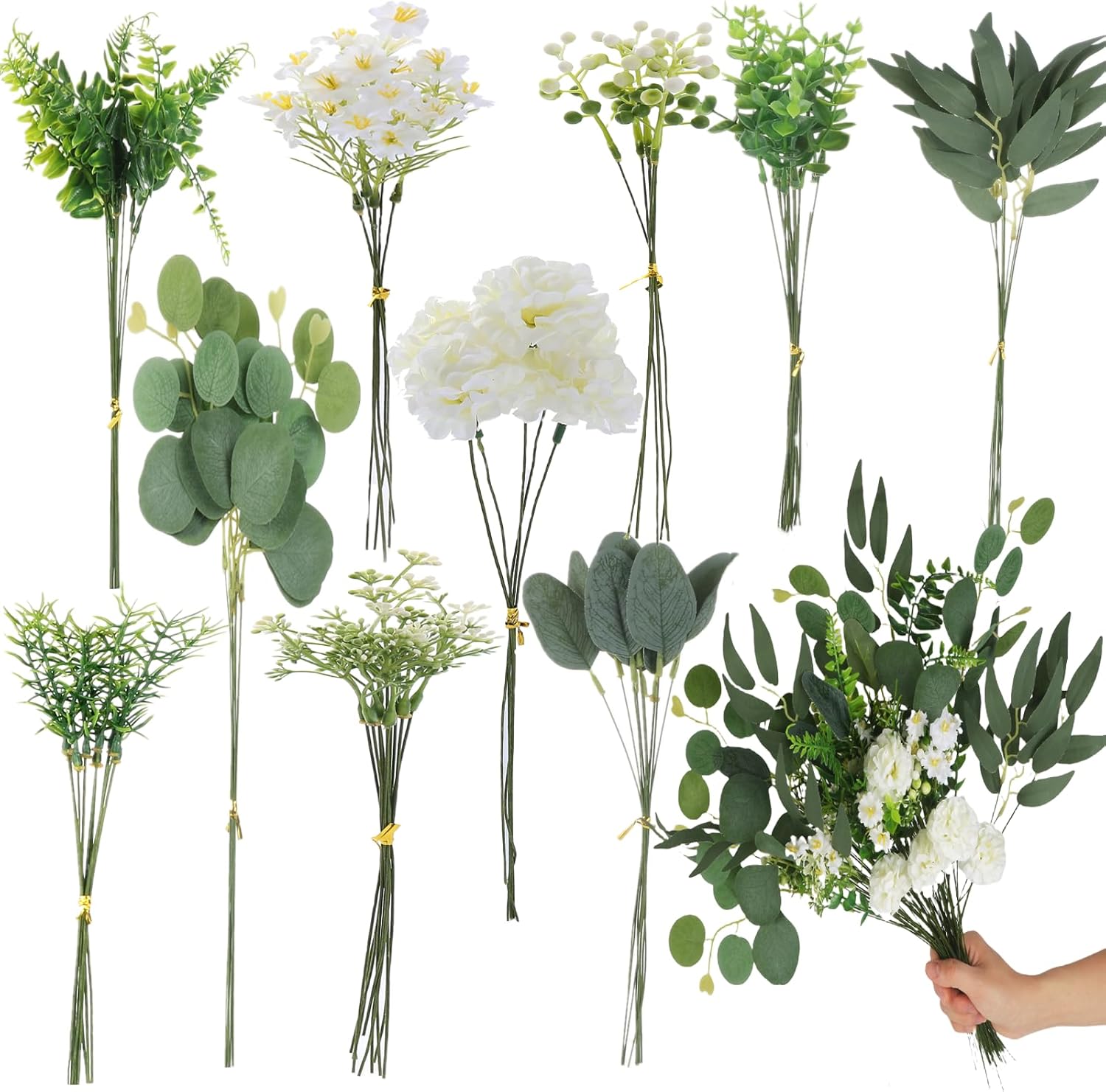85pcs Artificial Greenery Stems Box Set with 10 Kinds Artificial Plants and Fake Flowers Used for New Wedding DIY Bouquet Flower Arrangement Dining Table Decor