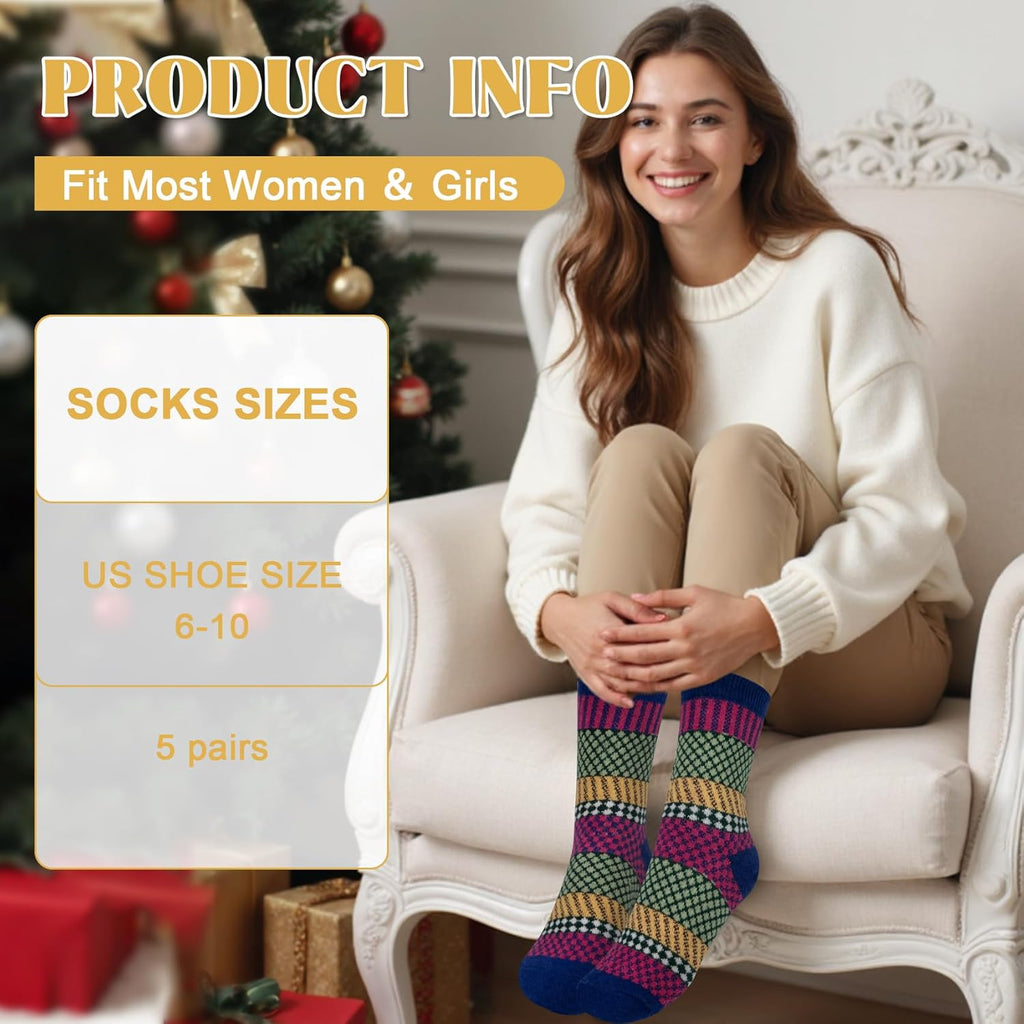Justay 5 Pairs Wool Socks for Women - Winter Thick Boot Cozy Crew Vintage Soft Calf Knit Warm Socks Gifts