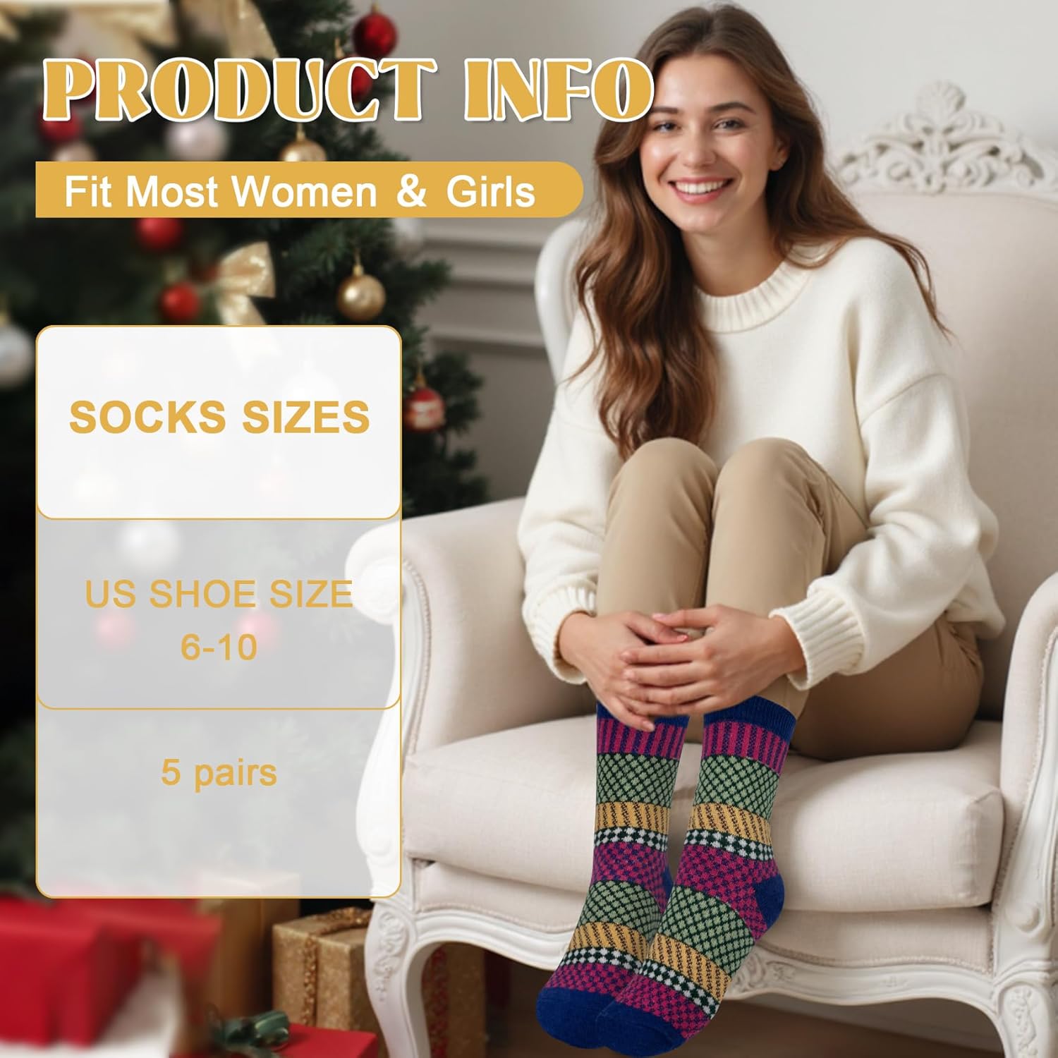 Justay 5 Pairs Wool Socks for Women - Winter Thick Boot Cozy Crew Vintage Soft Calf Knit Warm Socks Gifts