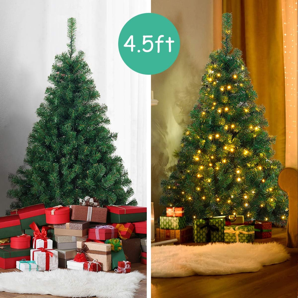 Goplus 4.5ft Pre-Lit Artificial Christmas Tree, Premium Spruce Hinged Xmas Tree with 200 LED Lights, Solid Metal Stand, UL-Certified Transformer, for Home Office Indoor Decor