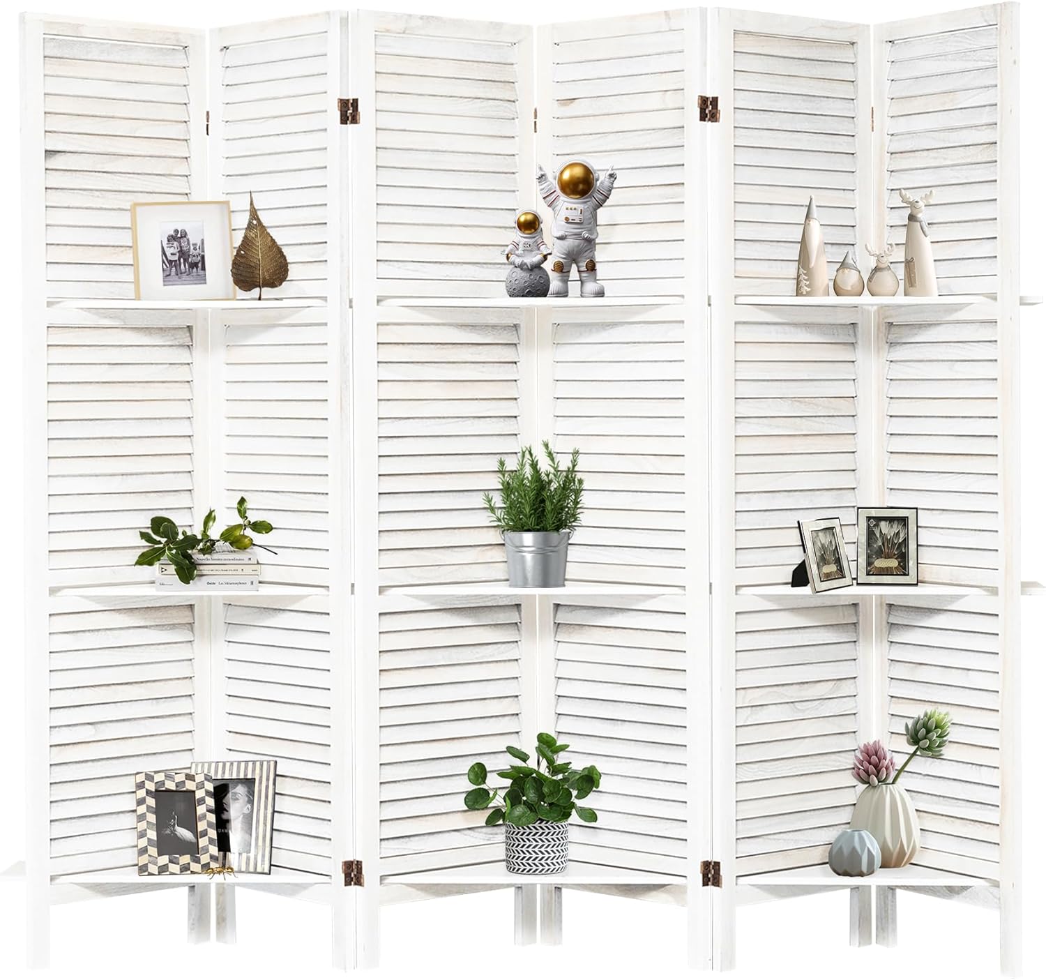 NicBex 6 Panel Room Divider,5.6FT Wood Carved Room Dividers with Display Shelves Folding Privacy Screens Portable Freestanding Partition Wall Dividers for Room Separation,Home Bedroom Office,White