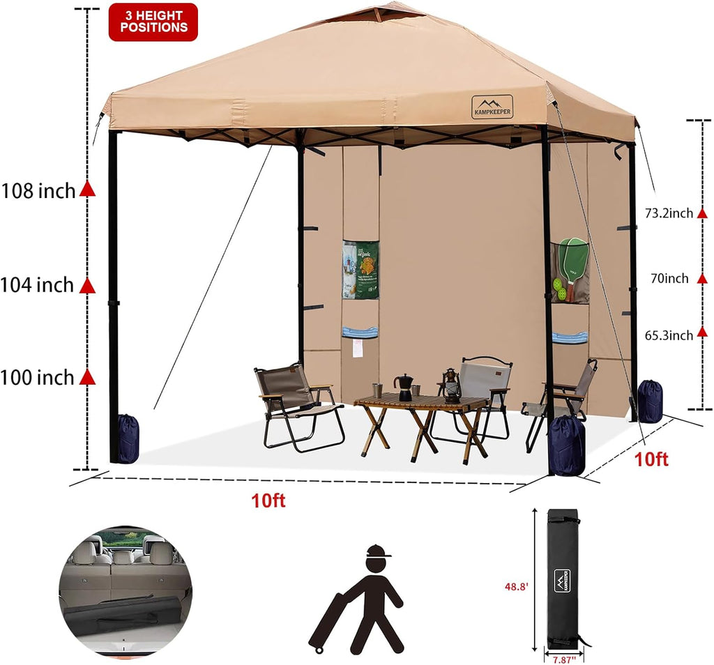 KAMPKEEPER 10x10 Easy Pop Up Canopy Tent with Sidewalls, Instant Outdoor Shade Shelter with Removable 10FT Sun Walls, Quick Setup Waterproof and UV-Resistant for Patio (Khaki, 1 sidewall)