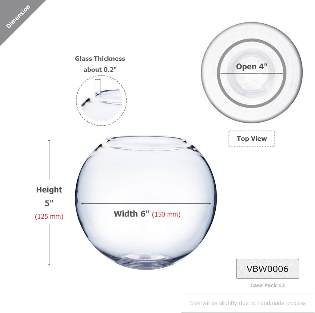 WGV Bowl Glass Vase Bulk, Diameter 6", Height 5", Open Width 4", (Multiple Sizes Choices) Clear Bubble Planter Terrarium Fish Bowl for Wedding Event Home Decor, 12 Pieces (VBW0006)