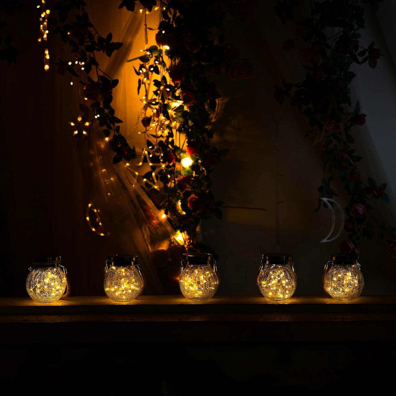 Cooo Christmas Gifts 4 Pack Heavy Crackle Glass Solar Lantern with 30 LED Firefly Lights– Waterproof Outdoor Hanging Lamp 215% Larger Solar Panel, Stainless Steel Lid Decorative Lighting for Garden