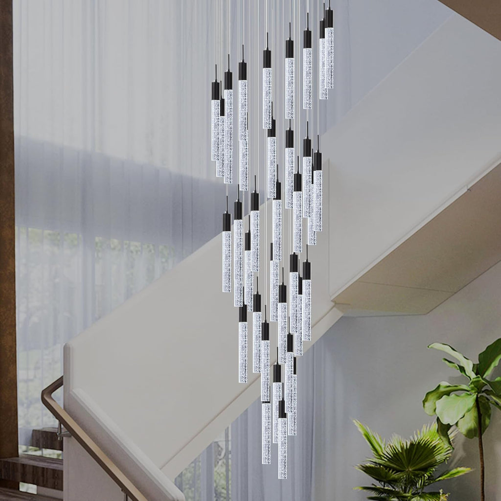 Modern High Ceiling Crystal Foyer Chandelier 36-Lights, H197'' Black Large Spiral LED Bubble Raindrop Lighting Fixture for Staircase Entryway Living Room