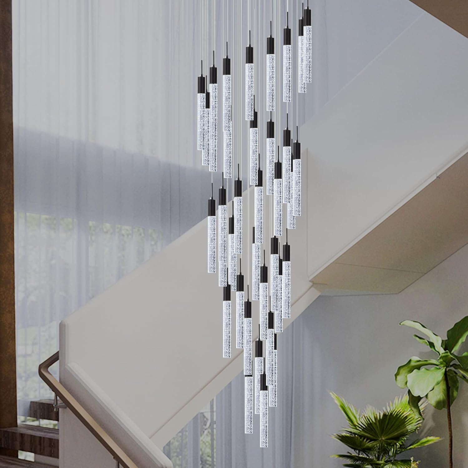 Modern High Ceiling Crystal Foyer Chandelier 36-Lights, H197'' Black Large Spiral LED Bubble Raindrop Lighting Fixture for Staircase Entryway Living Room