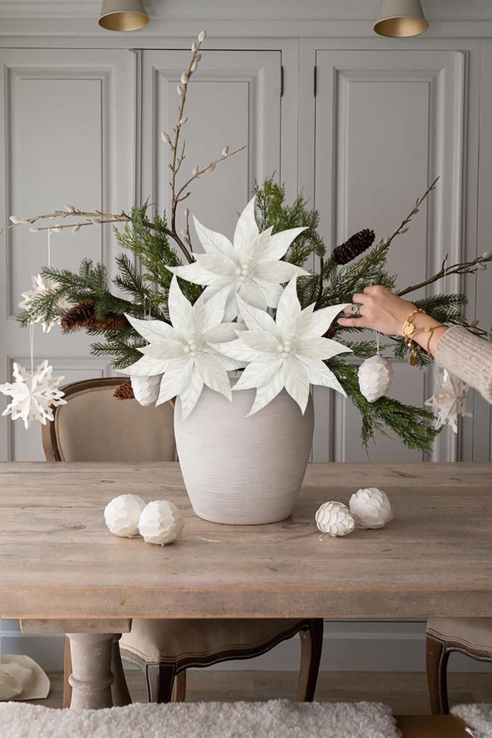 Hollyone 3PCS Poinsettia Christmas Flowers Artificial 11" Large Velvet White Glitter Poinsettia Flowers Christmas Tree Ornaments Floral Picks for Tree Wreath Garland Vase Table Centerpiece Home Decor