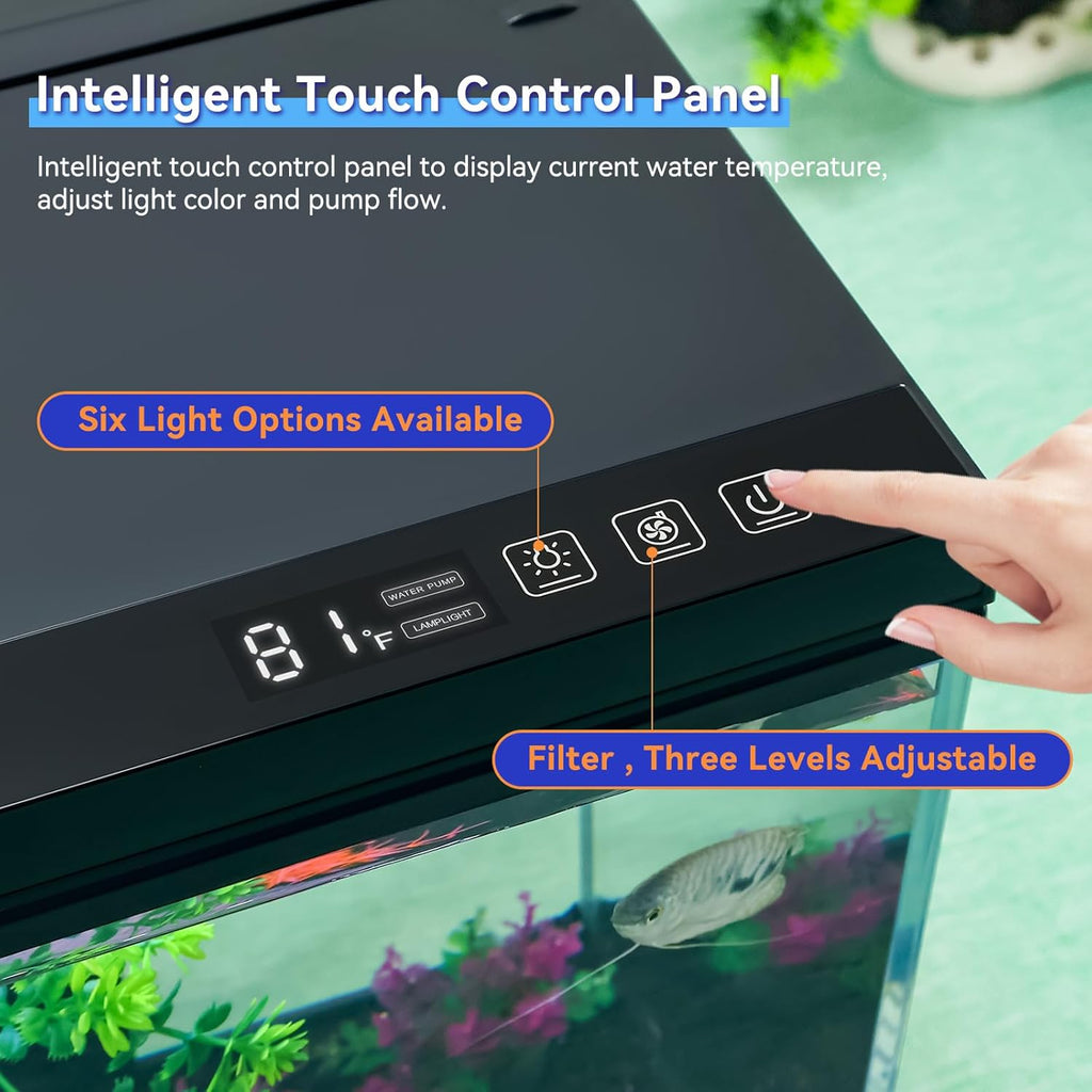 17.6 x 11.3 x 9.7 Inch Fish Tank Kit Complete with Real-Time Temp Display, 3-Speed Water Pump, Smart Storage, Flexible Filter & 6 Color Lights Ideal Aquarium for Betta Fish & Goldfish
