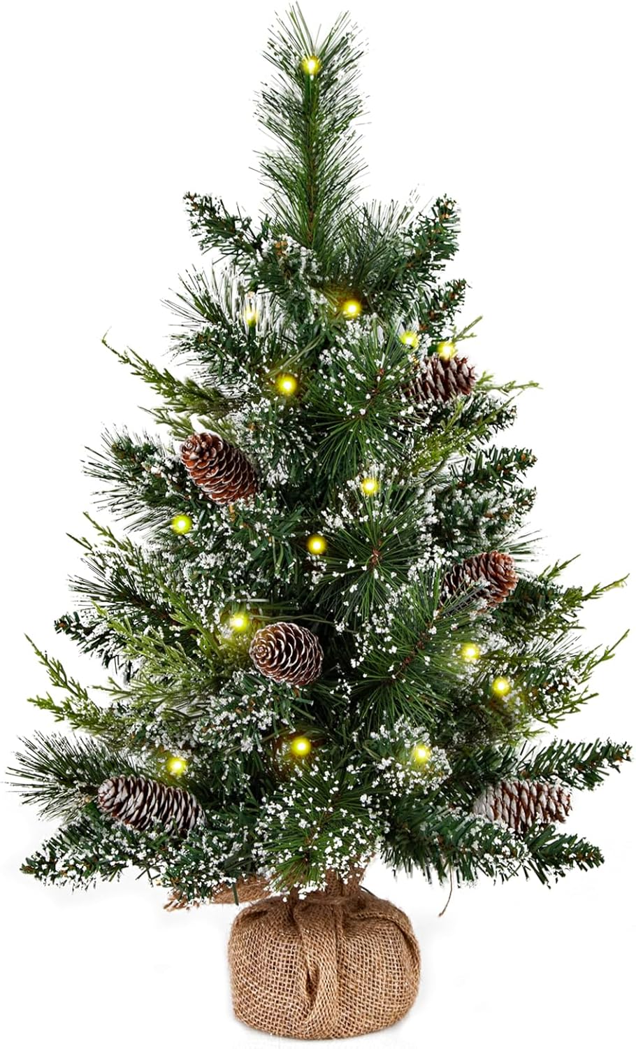deeinglif 2ft Mini Christmas Trees 24" with LED Lights and Pine,Tabletop Branches Cones and Cloth Bag Base Home Party Dining Room Window Decoration for Christmas