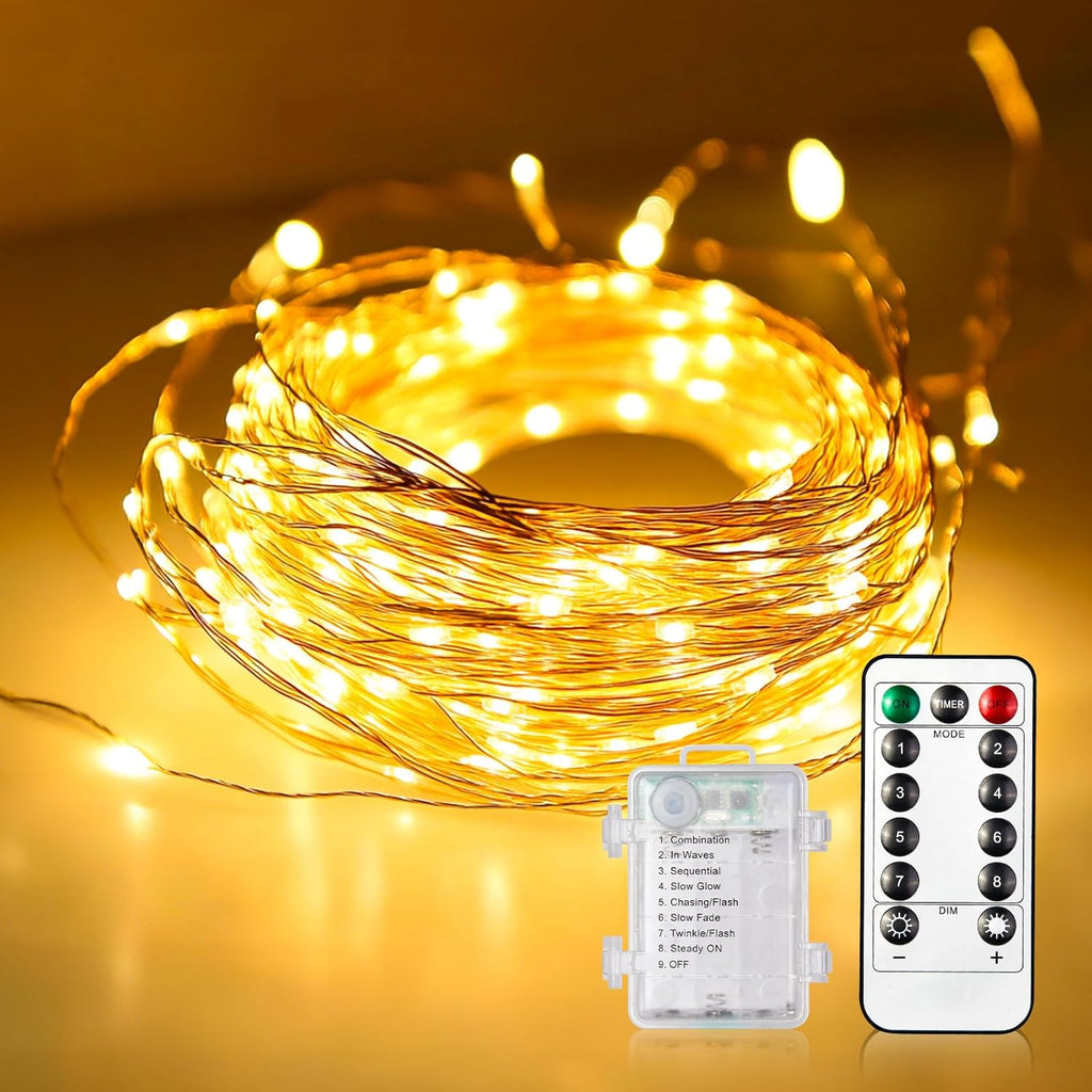 WdtPro Fairy Lights Battery Operated with Remote, 33Ft 100 LED Battery Powered String Lights with Timer, Outdoor Waterproof 8 Modes Twinkle Lights for Bedroom Indoor Christmas Decor Warm White