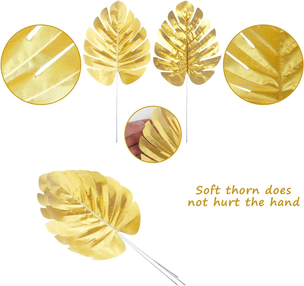 CCINEE 24PCS Golden Artificial Palm Leaves, Faux Monstera Leaves Simulation Safari Leaves with Stems for Home Hawaiian Luau Party Jungle Beach Theme Party Decoration