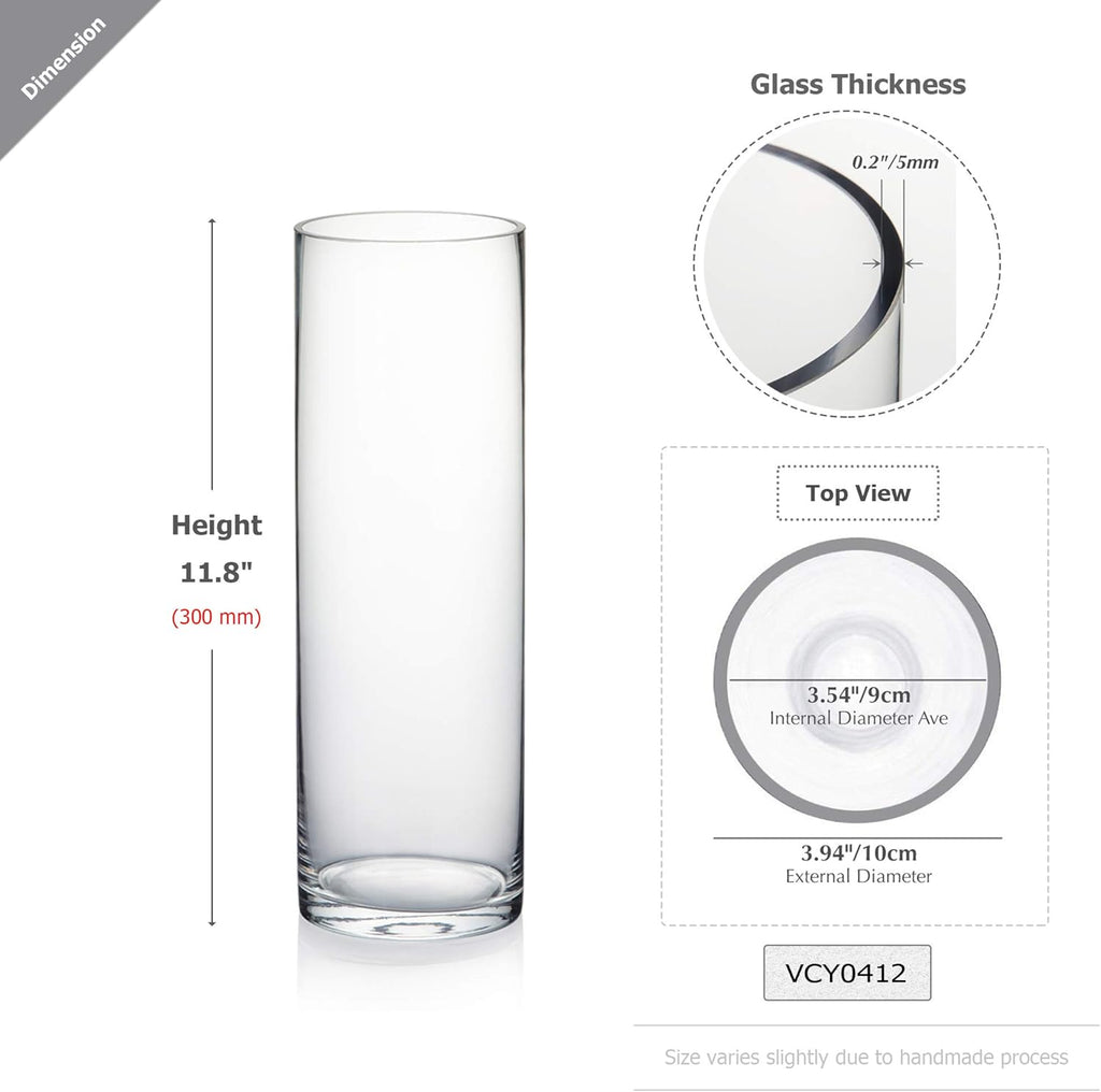 WGVI Quality Thick Weighted Clear Cylinder Glass Vases, 4" W x 12" H, Flower Arrangement Floating Candle Holders Wedding Centerpieces Terrarium Planter Floral Countertop Storage Container, 1 Piece