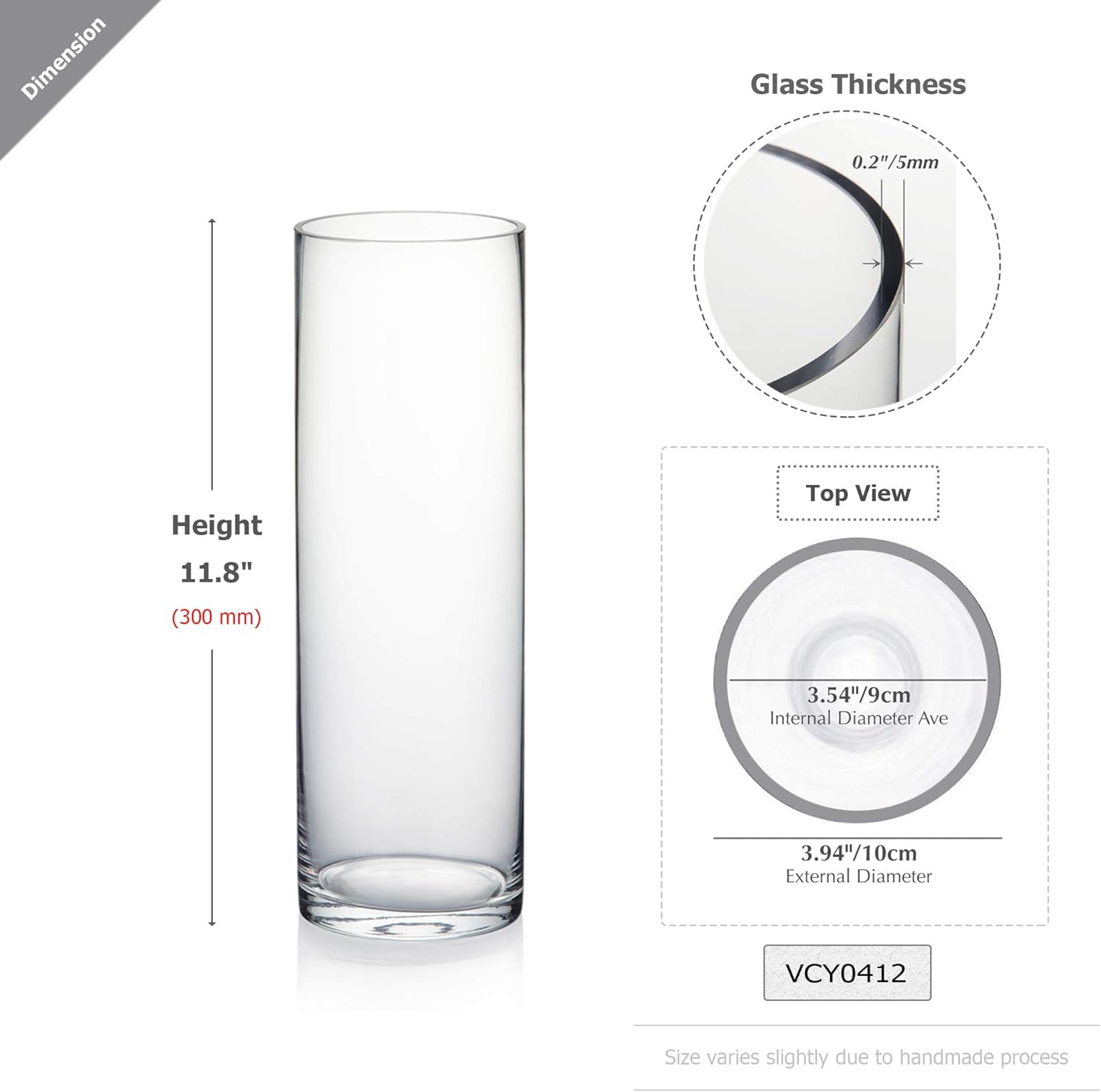 WGVI Quality Thick Weighted Clear Cylinder Glass Vases, 4" W x 12" H, Flower Arrangement Floating Candle Holders Wedding Centerpiece Terrarium Planter Floral Storage Container, Bulk Wholesale, 12 Pcs