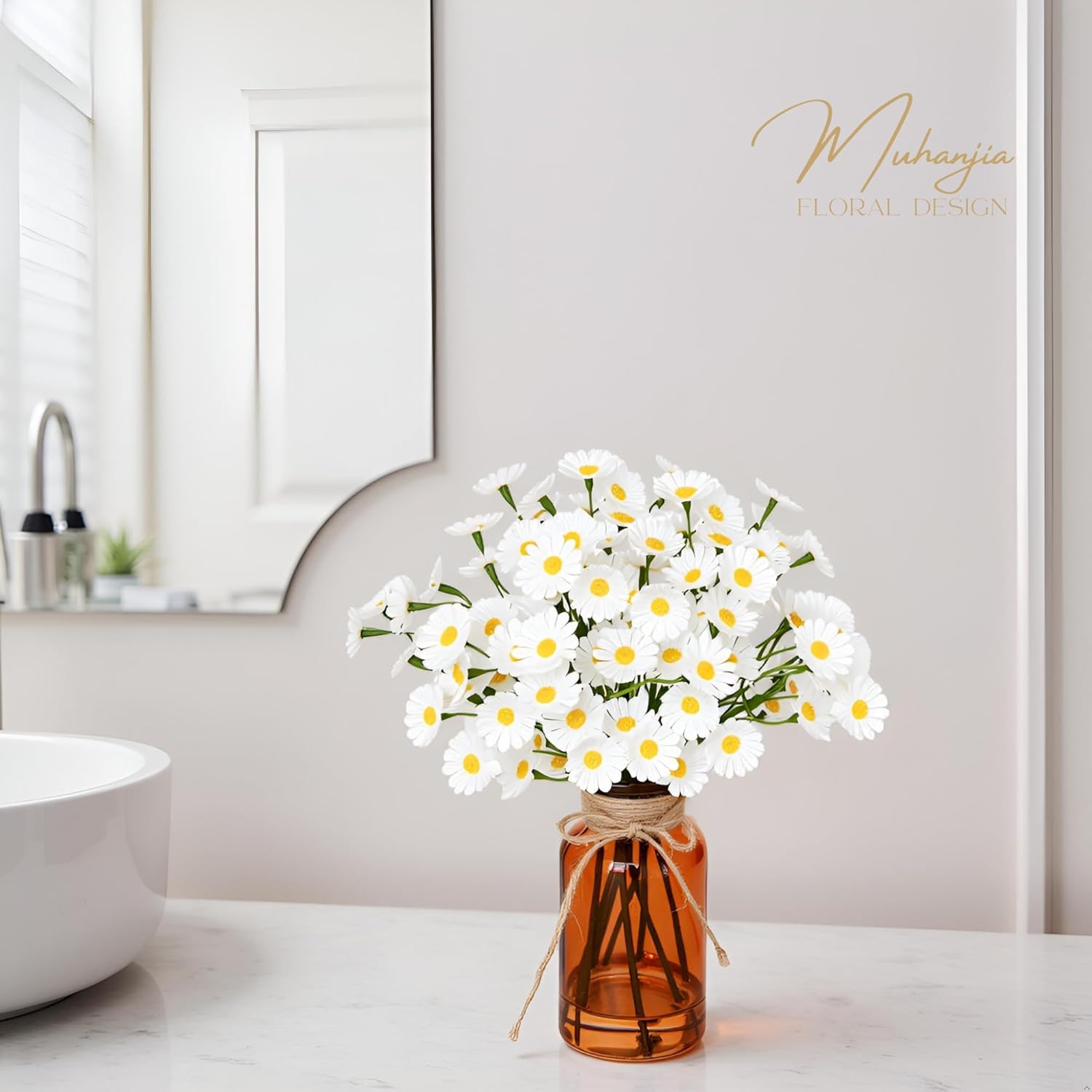 Artificial Daisy Flowers in Amber Glass Vase with Faux Water,9Pcs White Artificial Silk Flowers with Stems for Centerpiece (Daisy)