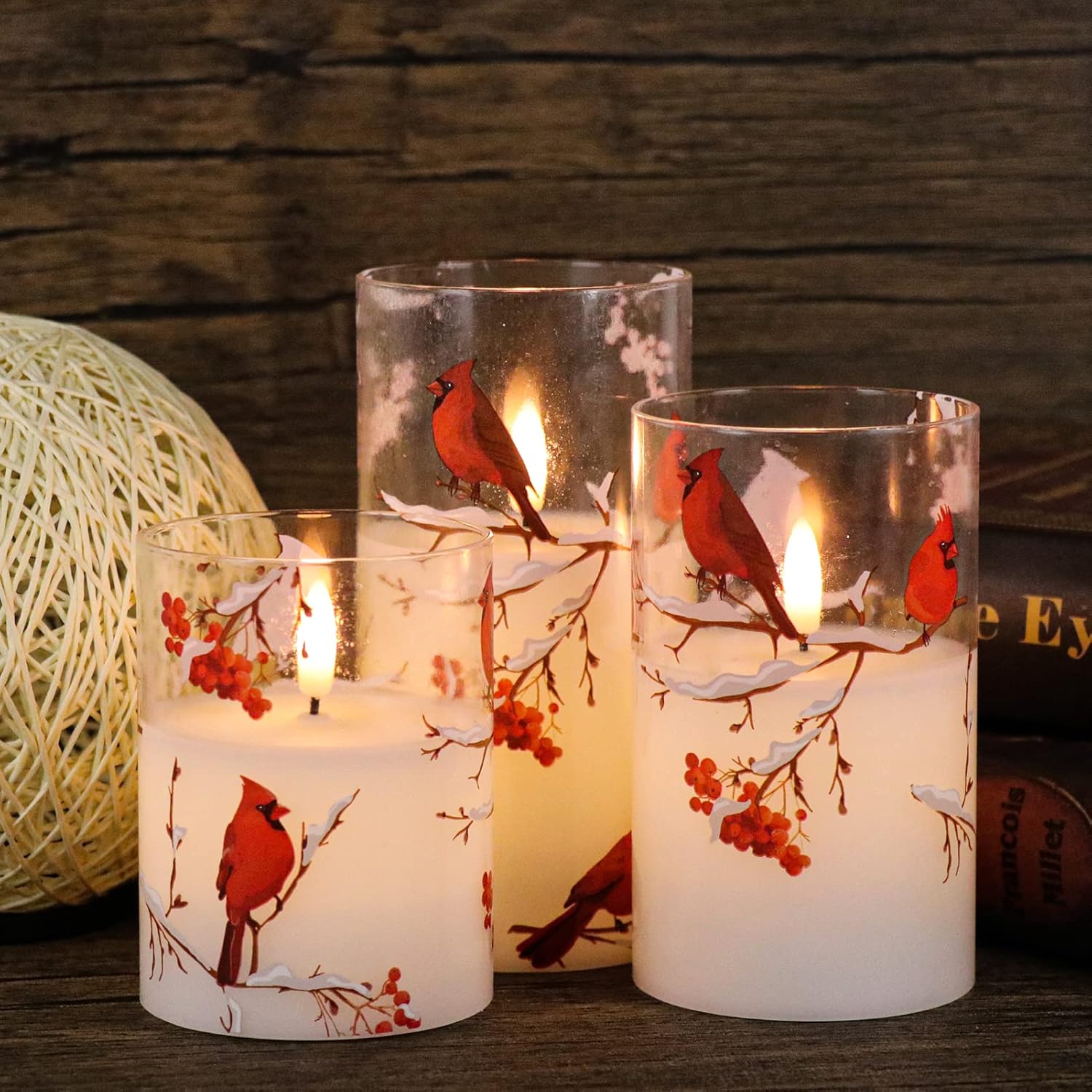GenSwin Red Bird Glass Flameless Candles with Remote Timers, Battery Operated 3D Wick Led Flickering Light, Real Wax Pillar Candles for Christmas Home Decoration(Pack of 3, 3”x4”5”6”)