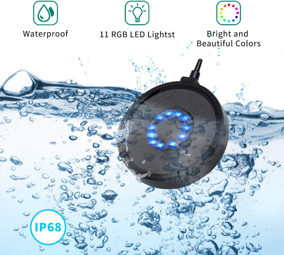 Aquarium Bubble Light LED Fish Tank Bubbler Light, Remote Controlled Aquariums Air Stone Disk Lamp with 16 Color Changing, 4 Lighting Effects for Tanks and Ponds