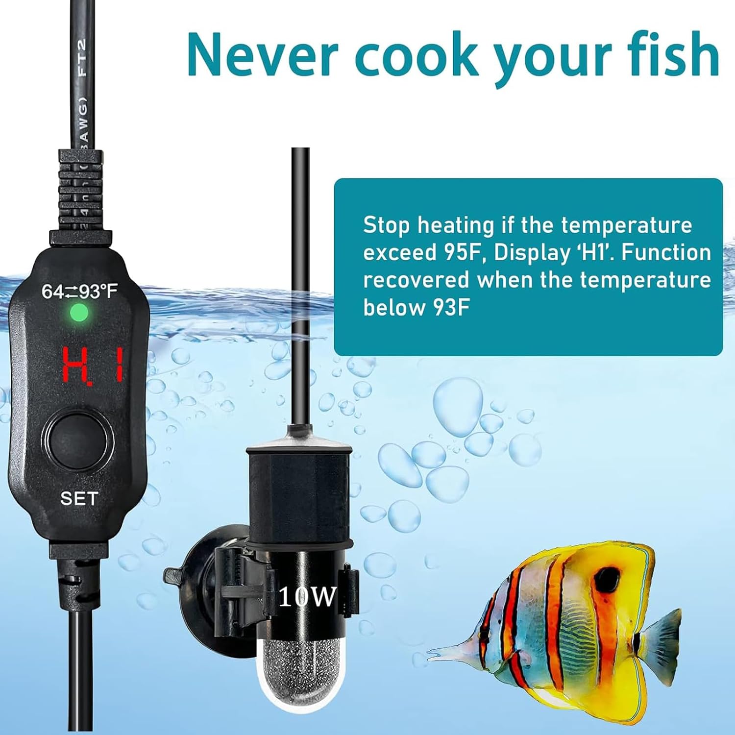Mini Submersible Aquarium Heater, 25/50/100/150/200/300 Watts Adjustable Fish Tank Heater, Built-in Thermometer, External Temperature Controller, Smart Memory (10 Watts(USB))