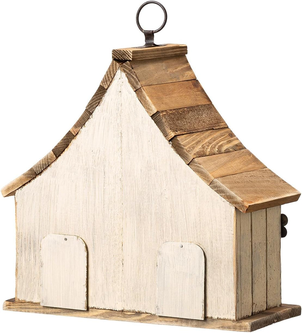 Glitzhome 10.75" L Distressed Solid Wood Hanging Birdhouse with 3D Flowers Rustic Two-Story Townhouse Hand-Painted Garden Bird Houses for Outdoors,Washed White