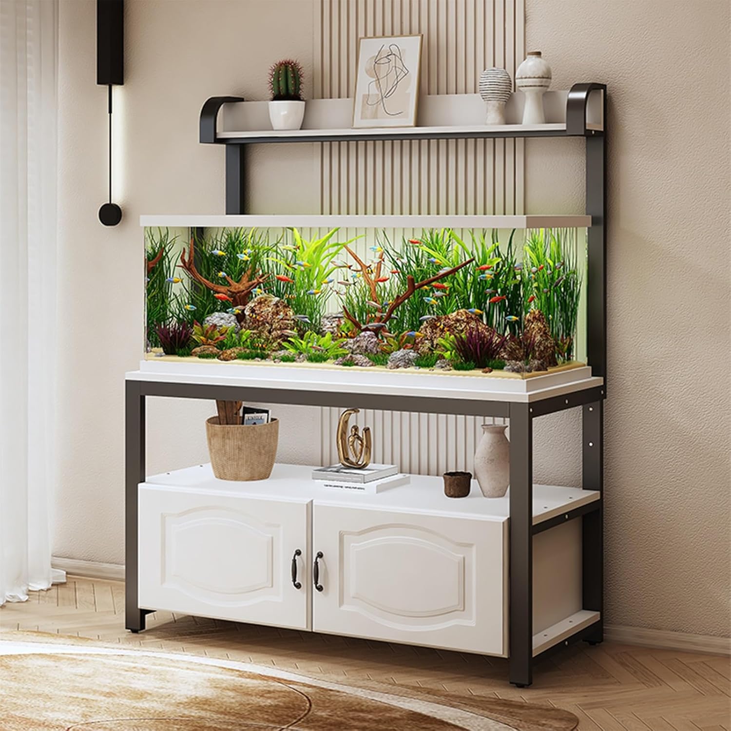 Large Aquarium Stand with Storage Cabinet, Adjustable Height, High Load Capacity, Suitable for Reptile/Reptile Tanks(White,60x30cm/23.6x11.8in)