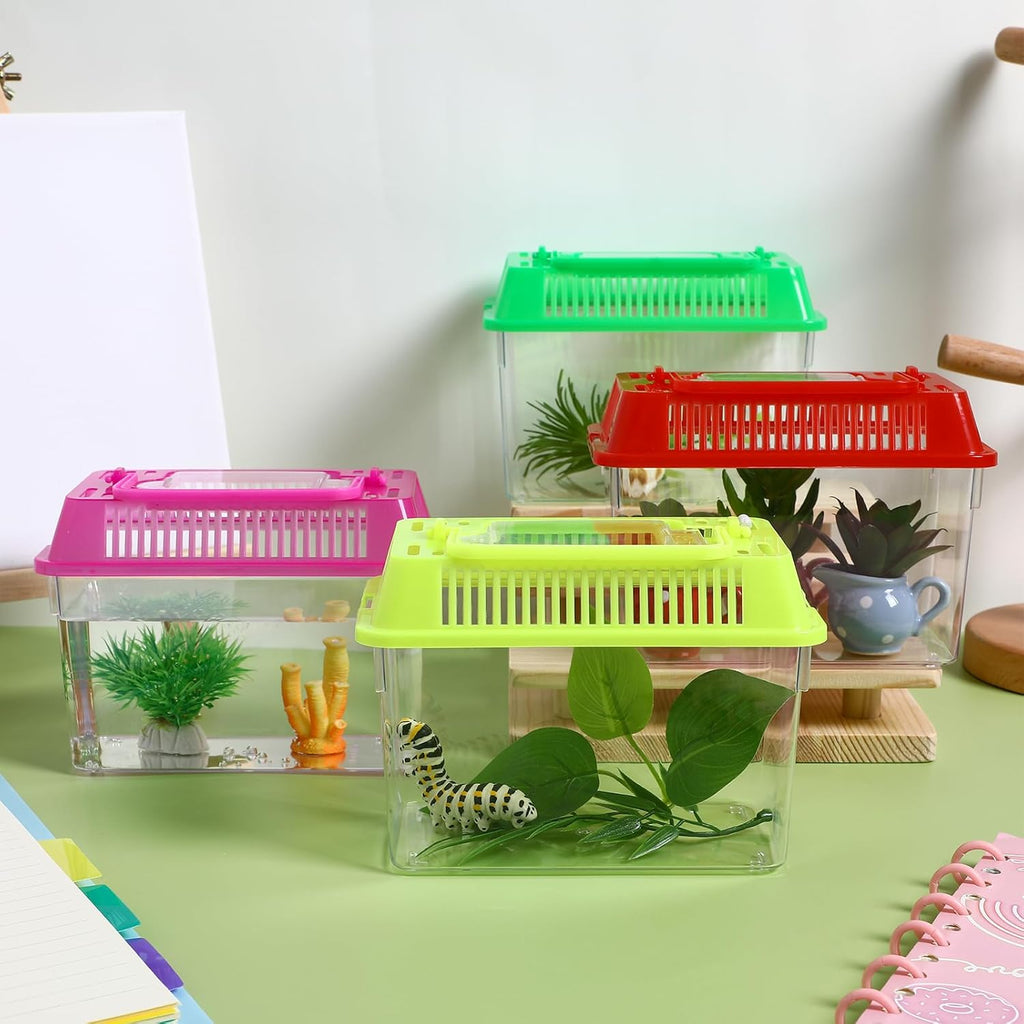 VANZACK Small 4pcs Portable Reptile Tank Plastic Turtle Box with Lid Handle Clear Terrarium Hamster Habitat for Fish Snakes Aquarium
